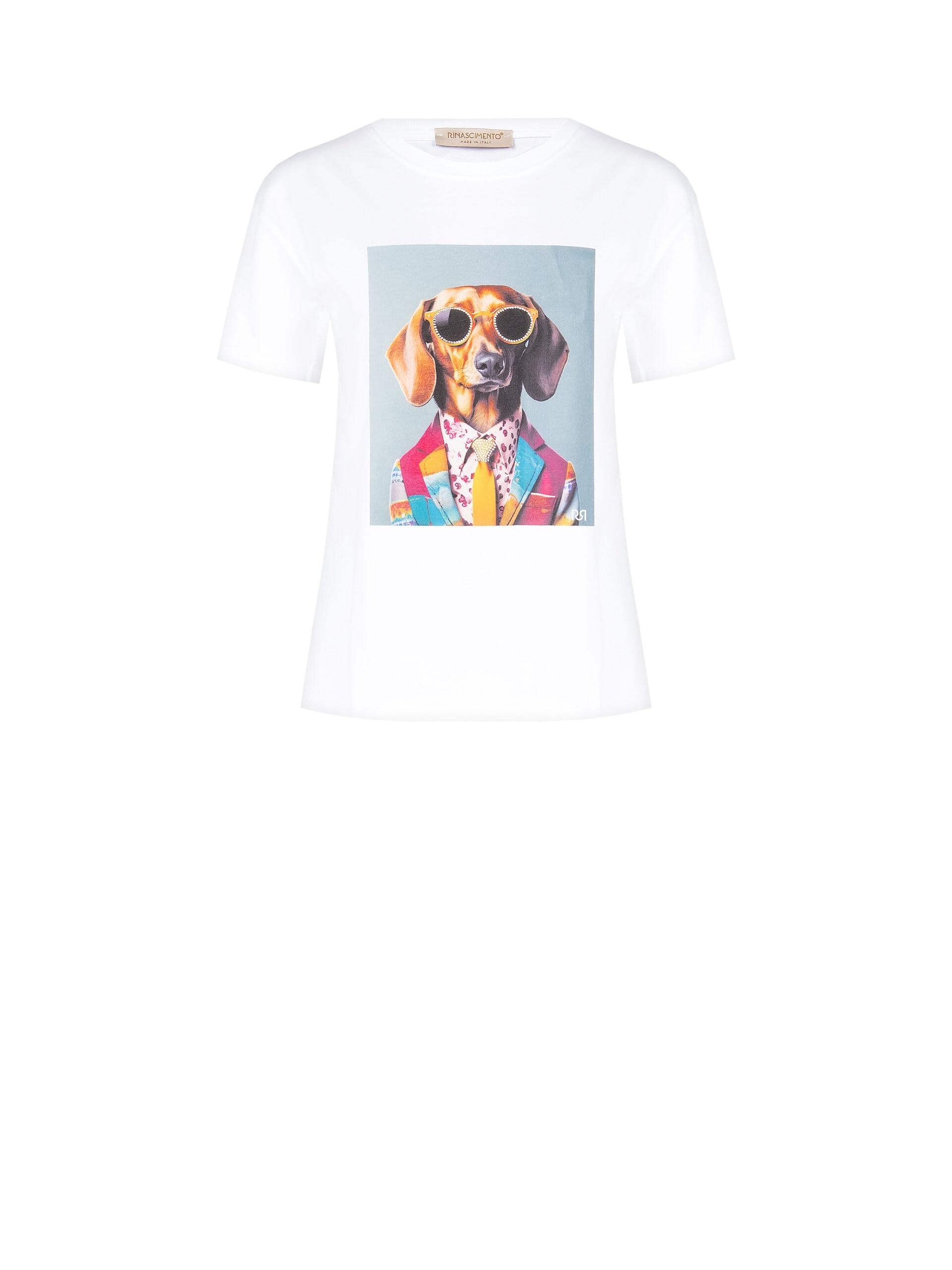 T-Shirt Regular In Cotone Con Stampa Dog Con Gli Occhiali In Strass Rinascimento