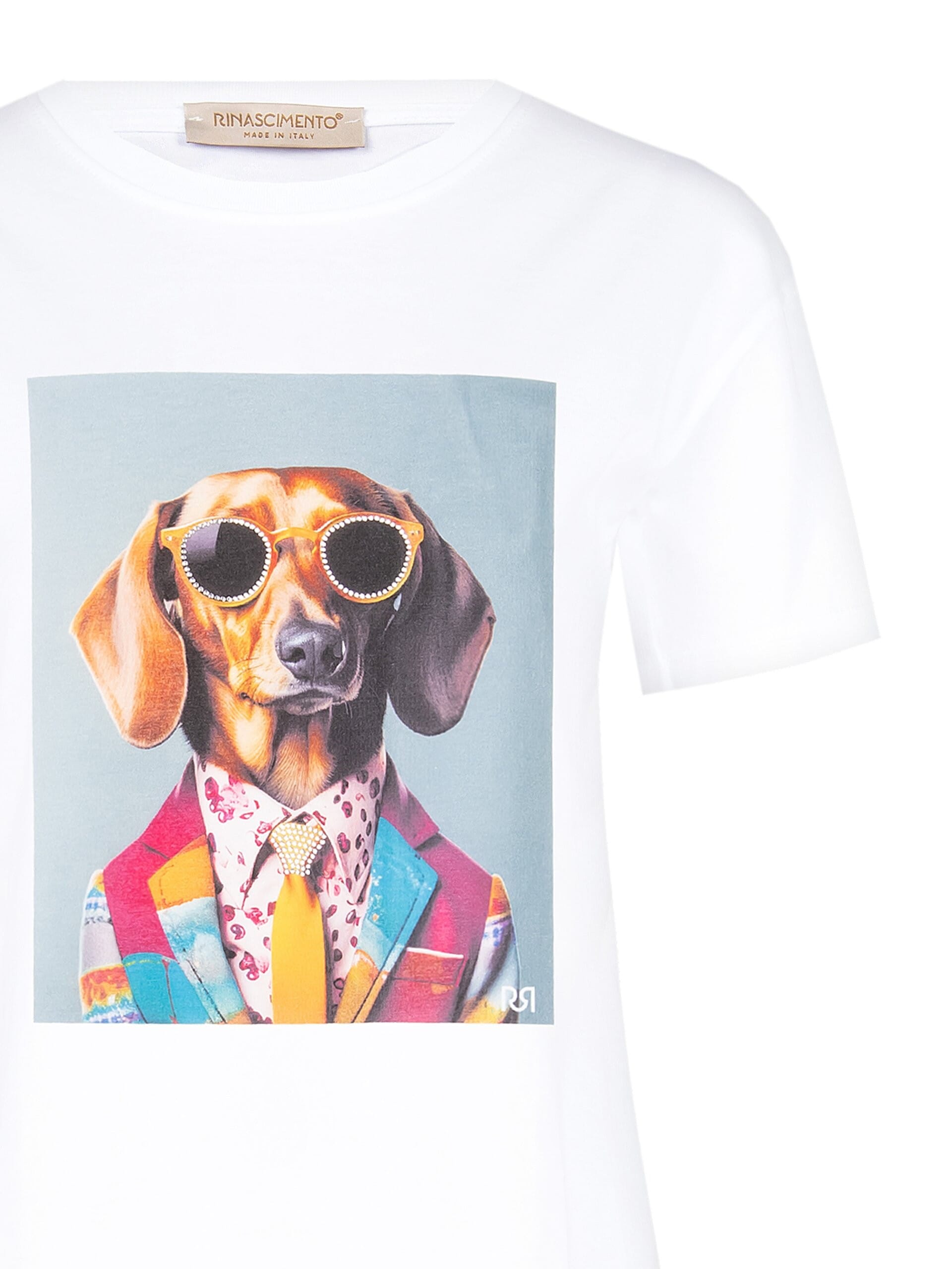 T-Shirt Regular In Cotone Con Stampa Dog Con Gli Occhiali In Strass Rinascimento