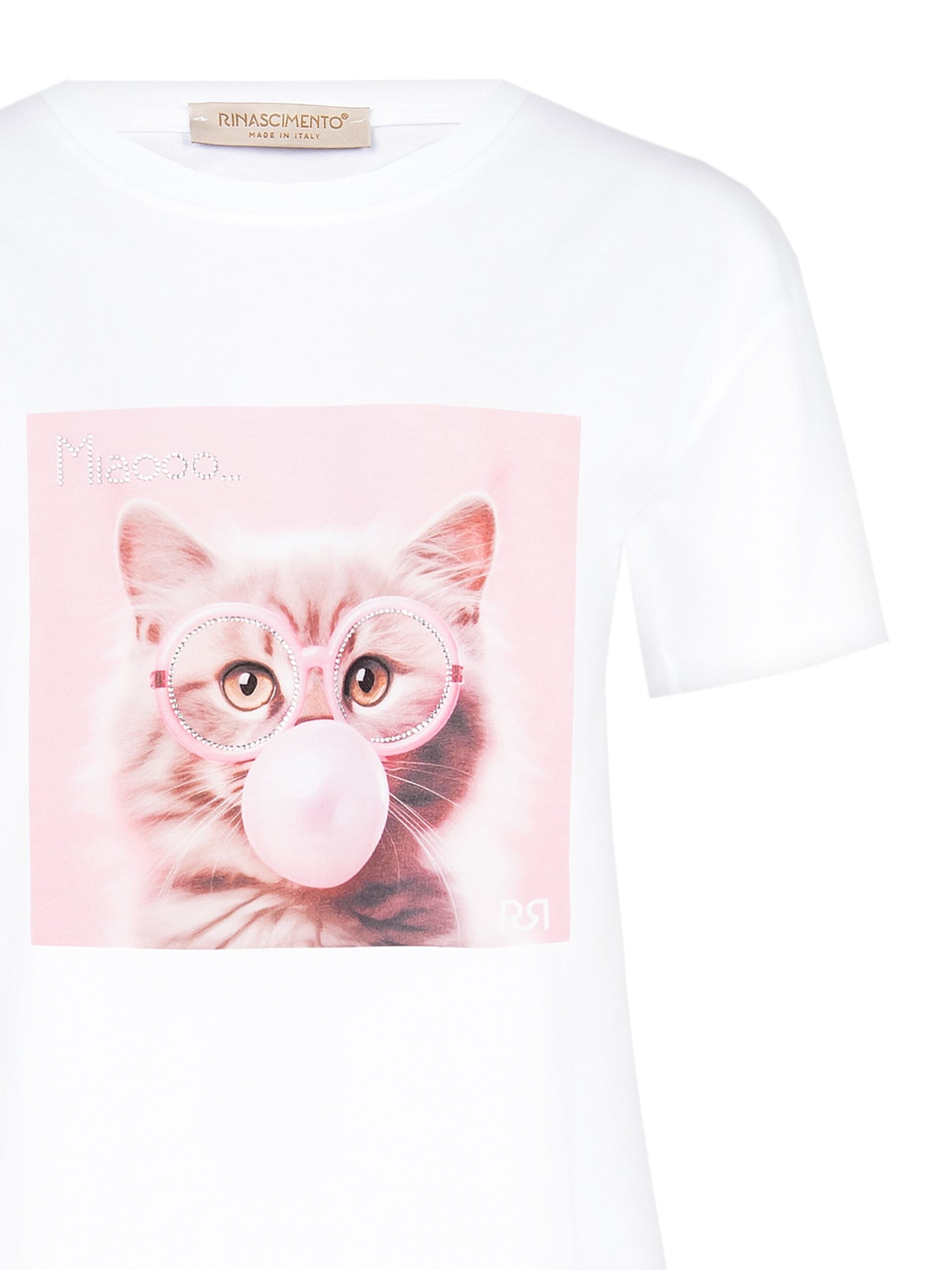 T-Shirt Regular In Cotone Con Stampa Cat Con Gli Occhiali In Strass Rinascimento
