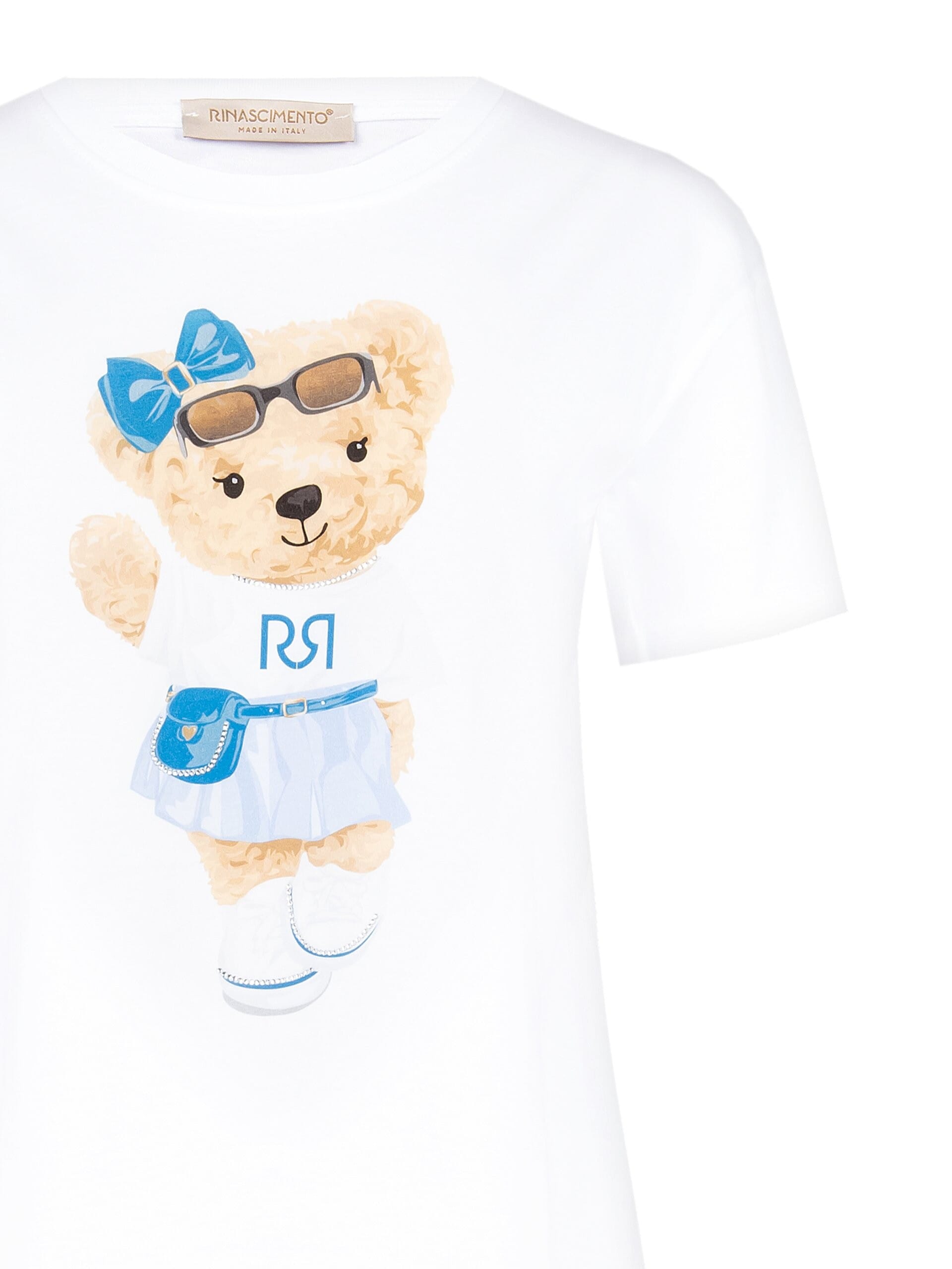 T-Shirt Regular In Cotone Con Stampa Orsetto E Strass Rinascimento