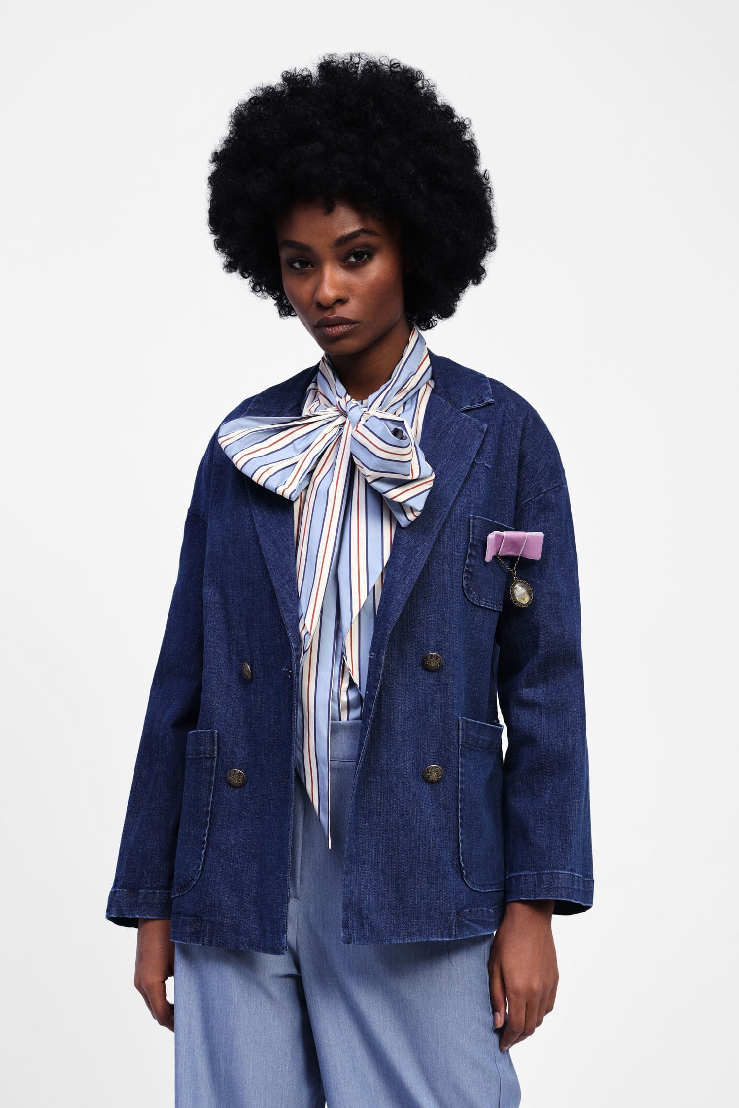 Blazer Doppio Petto Denim Con Tasca Decorata Dixie