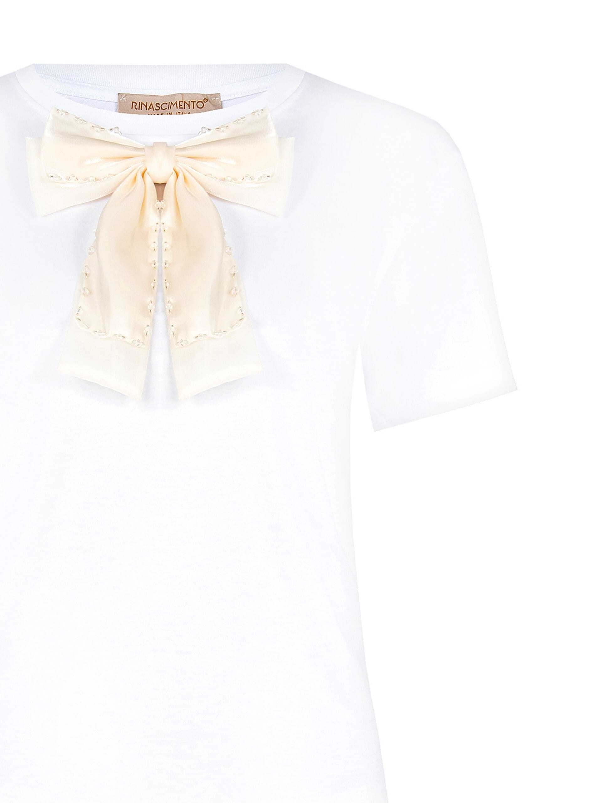 T-Shirt Regular In Cotone Con Spilla Fiocco In Chiffon Rinascimento