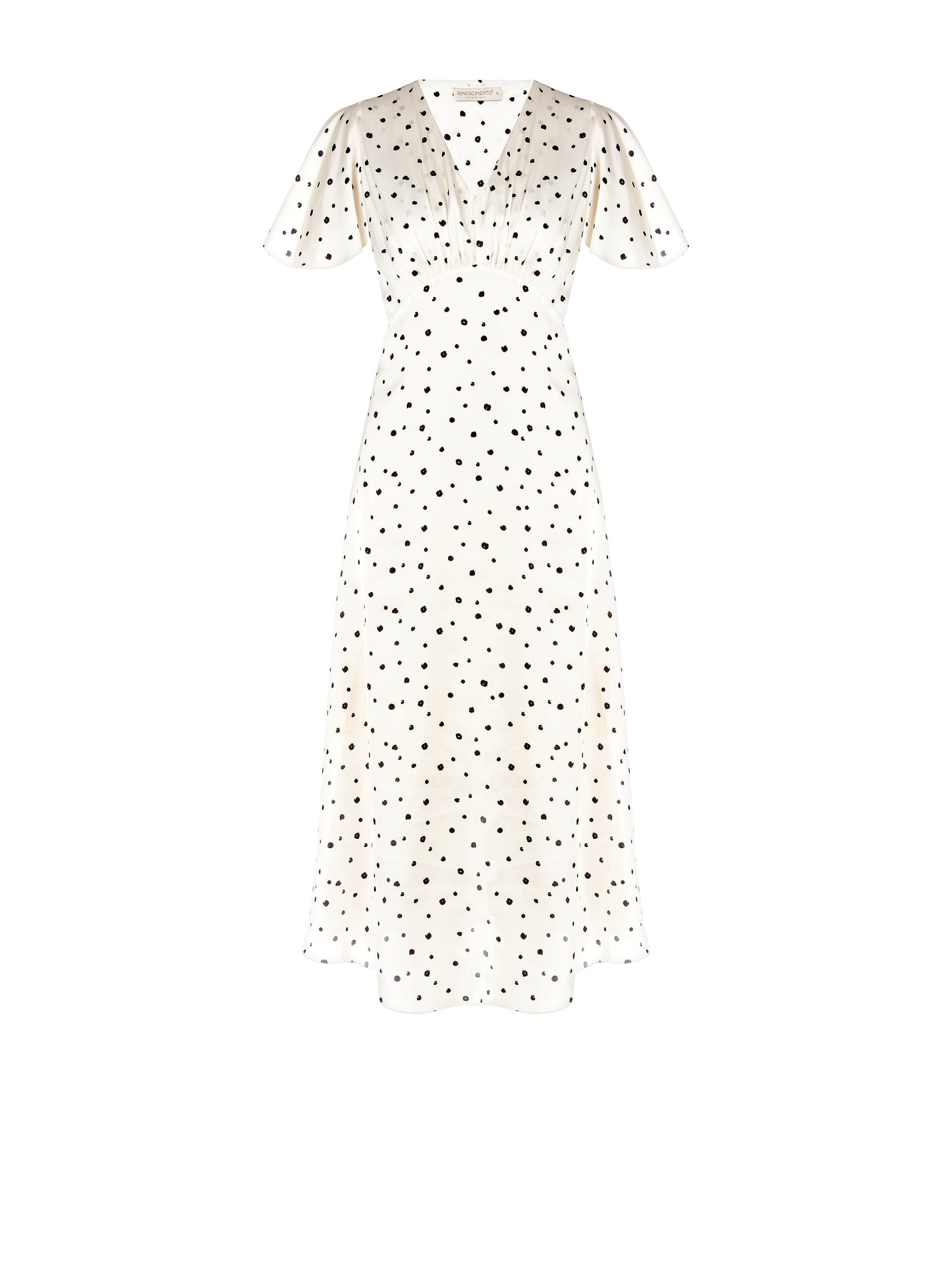 Abito Lungo Sfiancato In Raso A Pois Irregolari Con Scollo A V Rinascimento