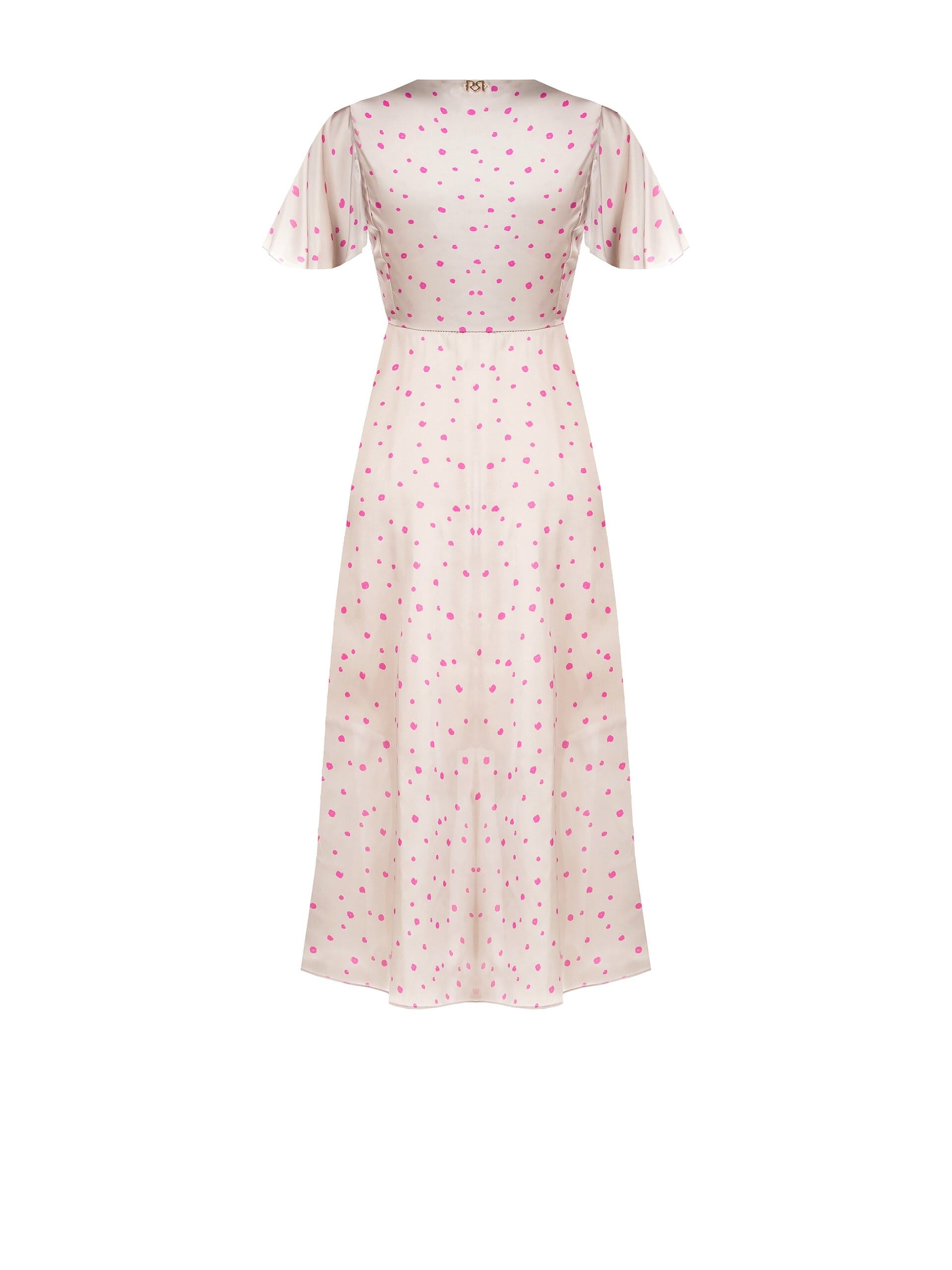 Abito Lungo Sfiancato In Raso A Pois Irregolari Con Scollo A V Rinascimento