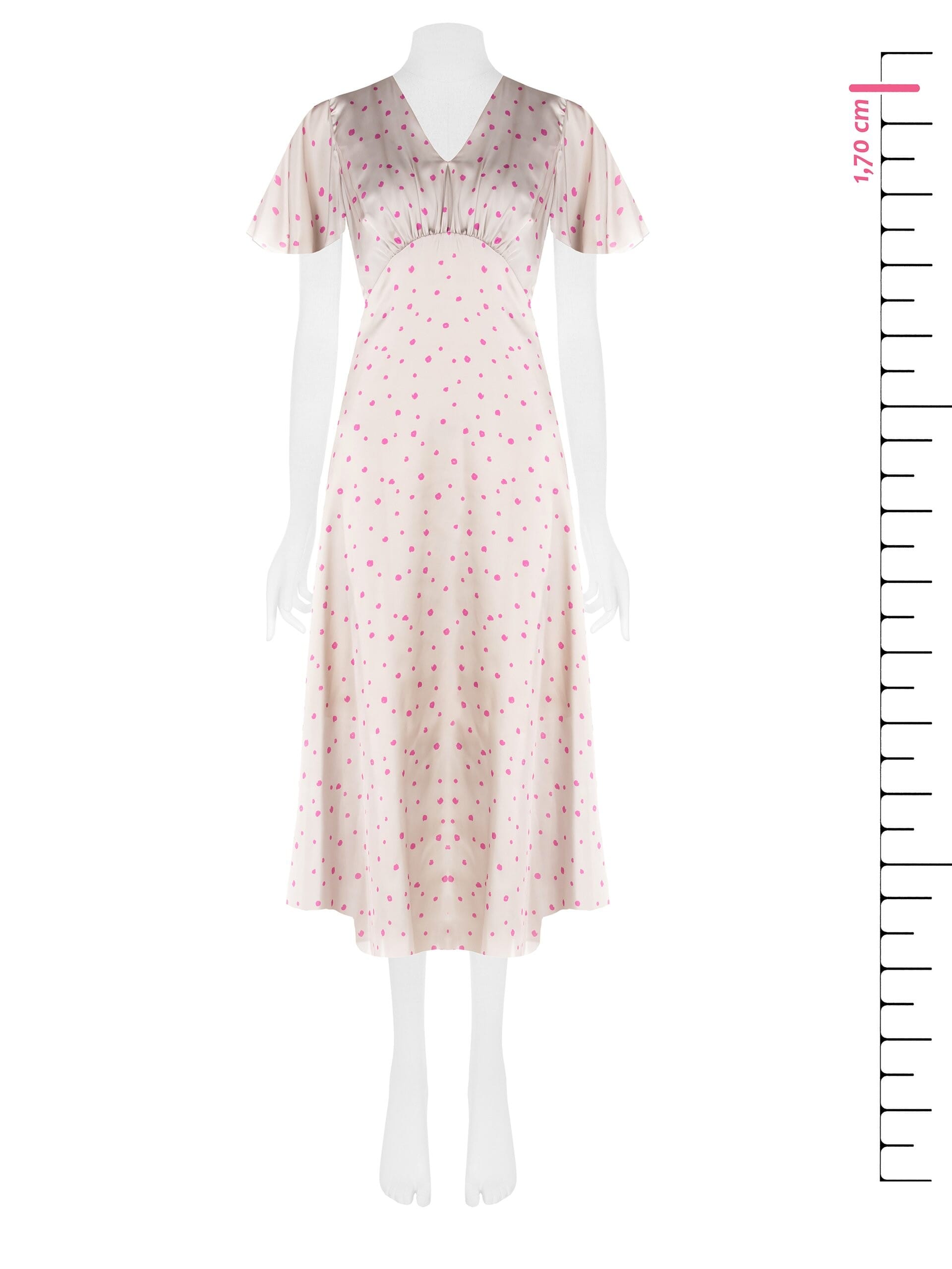 Abito Lungo Sfiancato In Raso A Pois Irregolari Con Scollo A V Rinascimento