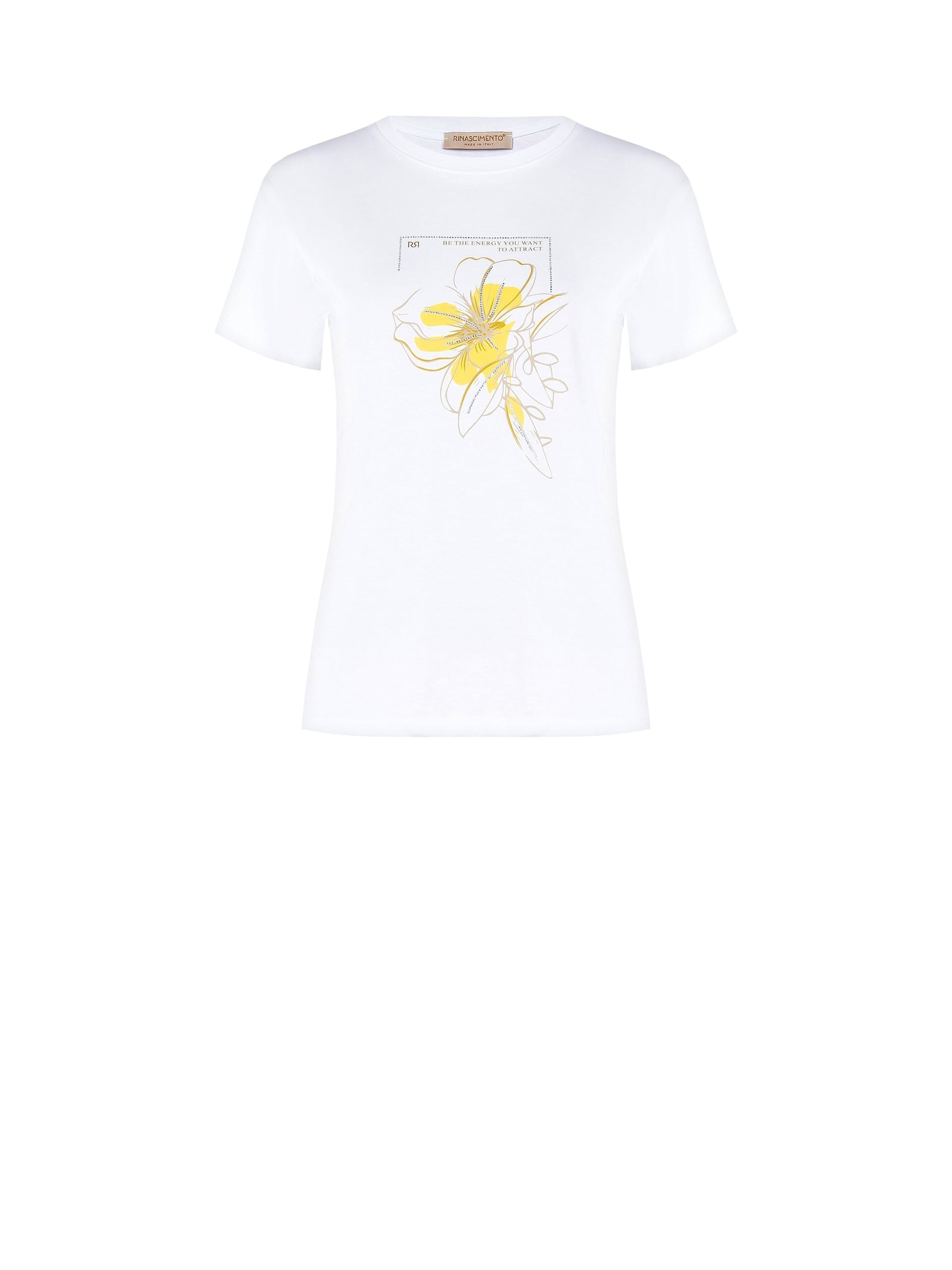 T-Shirt Regular In Cotone Con Stampa Fiore E Strass Rinascimento