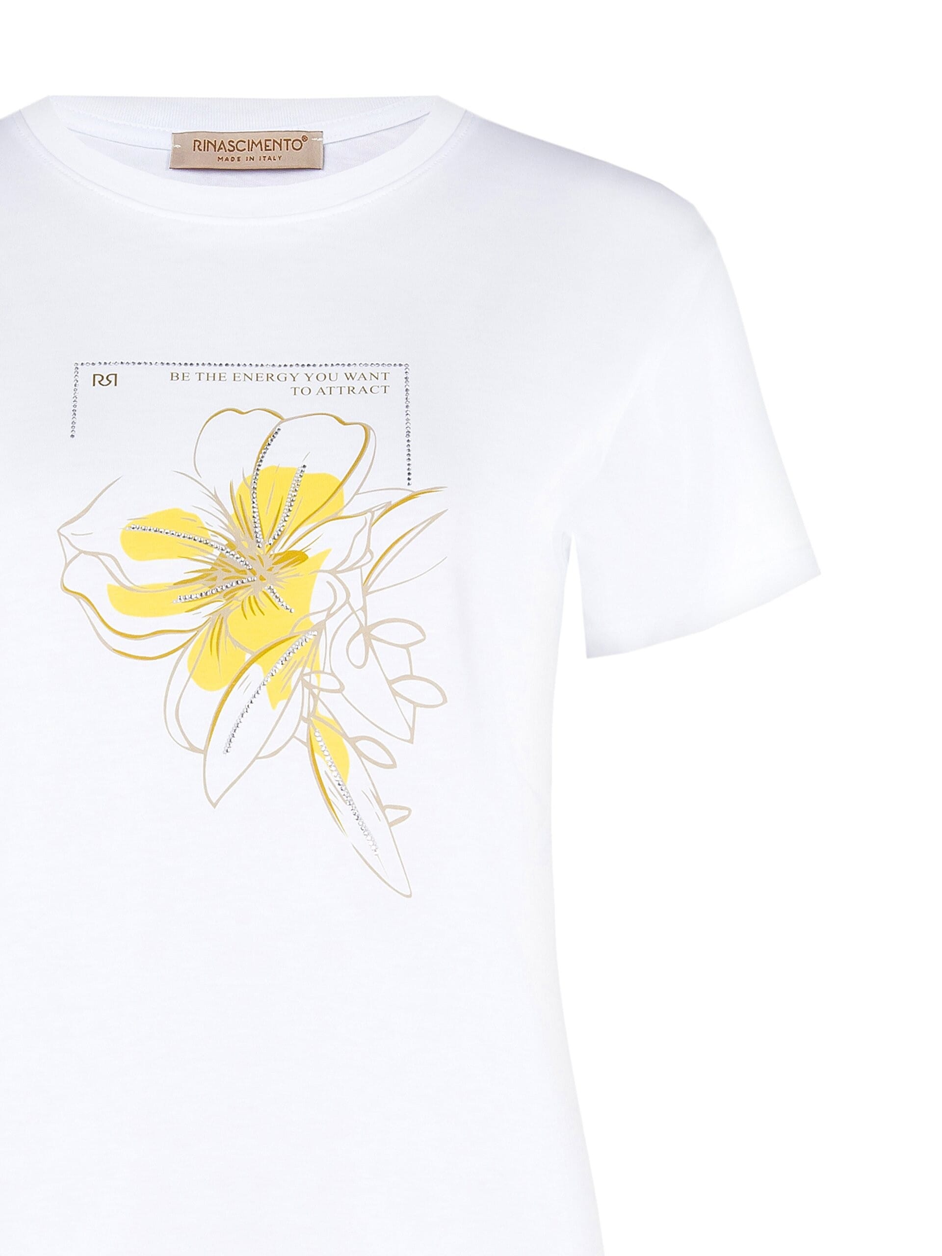 T-Shirt Regular In Cotone Con Stampa Fiore E Strass Rinascimento