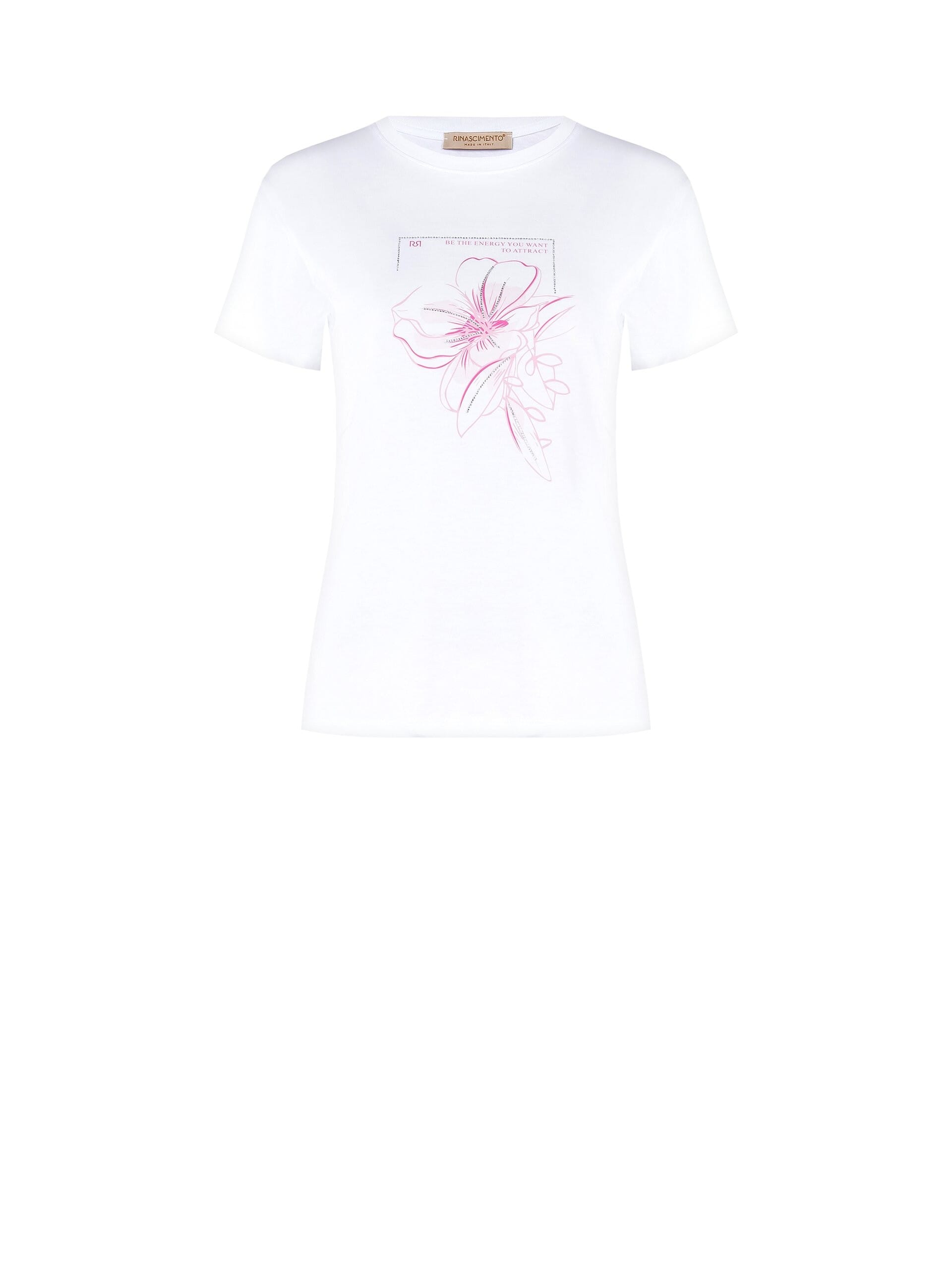 T-Shirt Regular In Cotone Con Stampa Fiore E Strass Rinascimento