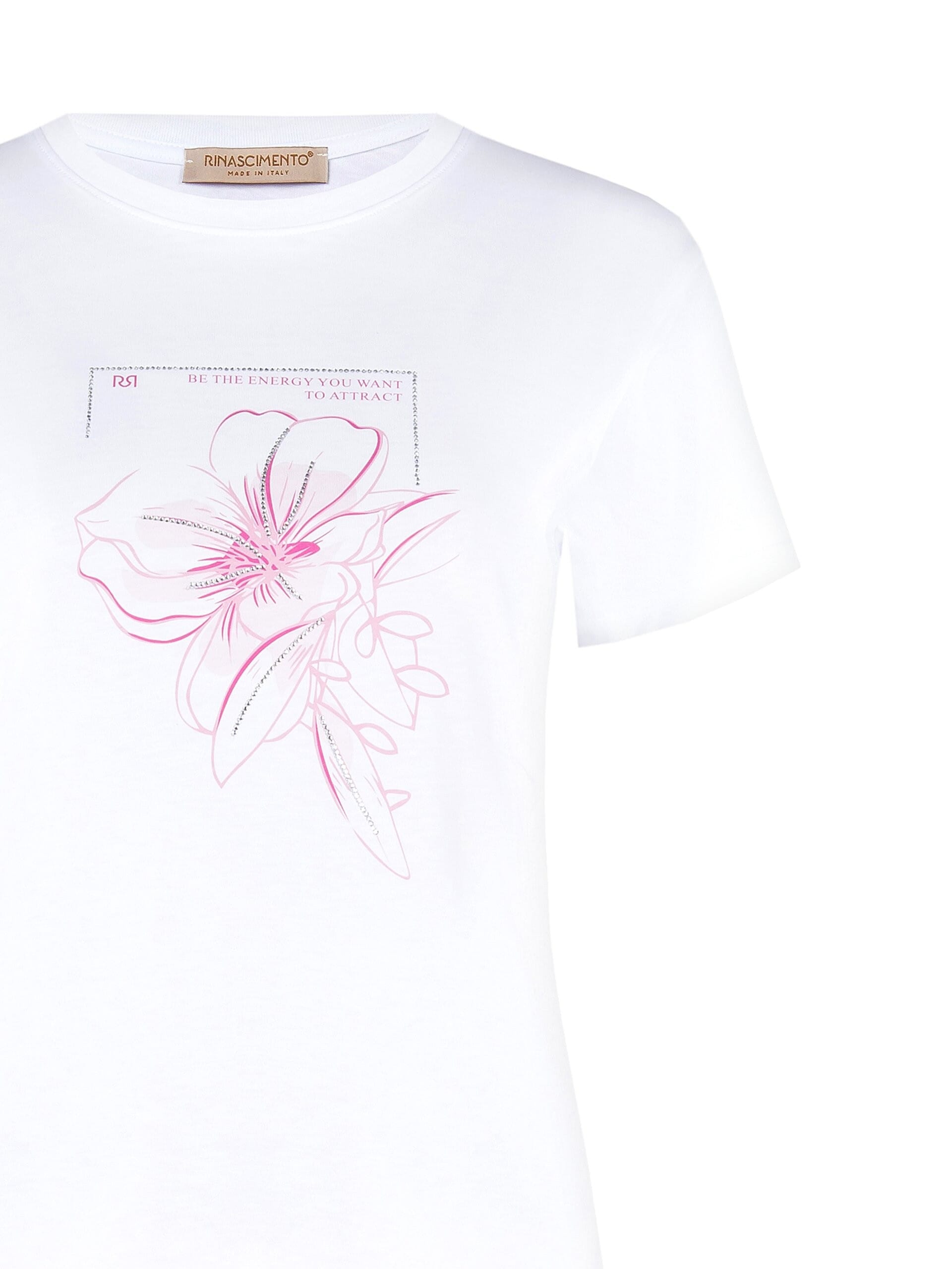 T-Shirt Regular In Cotone Con Stampa Fiore E Strass Rinascimento