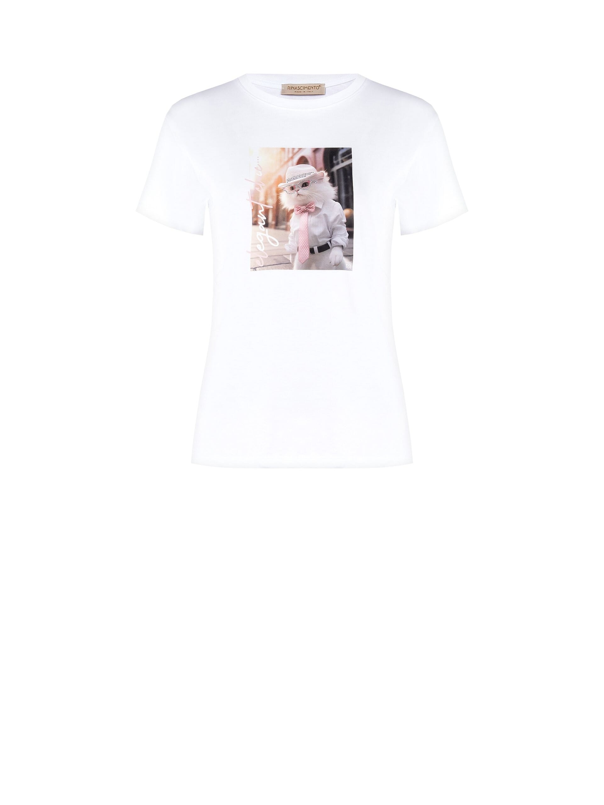 T-Shirt Regular In Cotone Con Stampa Cat Con Occhiali In Strass Rinascimento