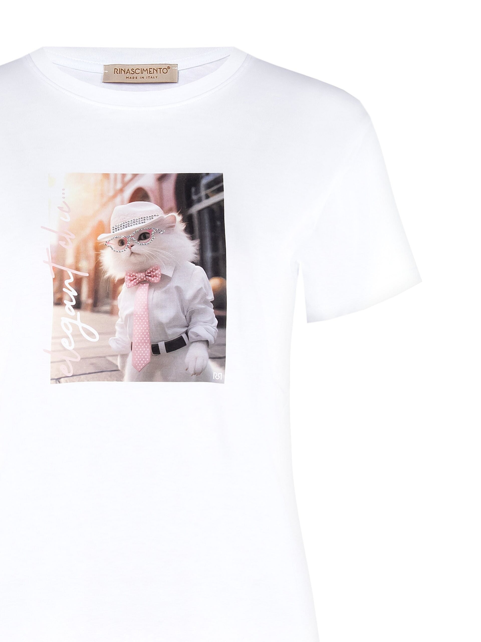 T-Shirt Regular In Cotone Con Stampa Cat Con Occhiali In Strass Rinascimento