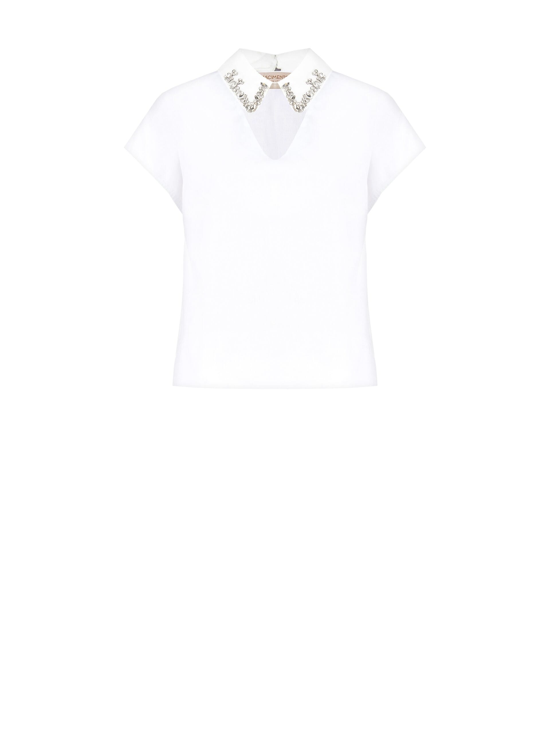 Camicia Over Corta In Cotone Con Scollo A V E Cristalli Cabochon Sul Colletto Rimovibile Rinascimento