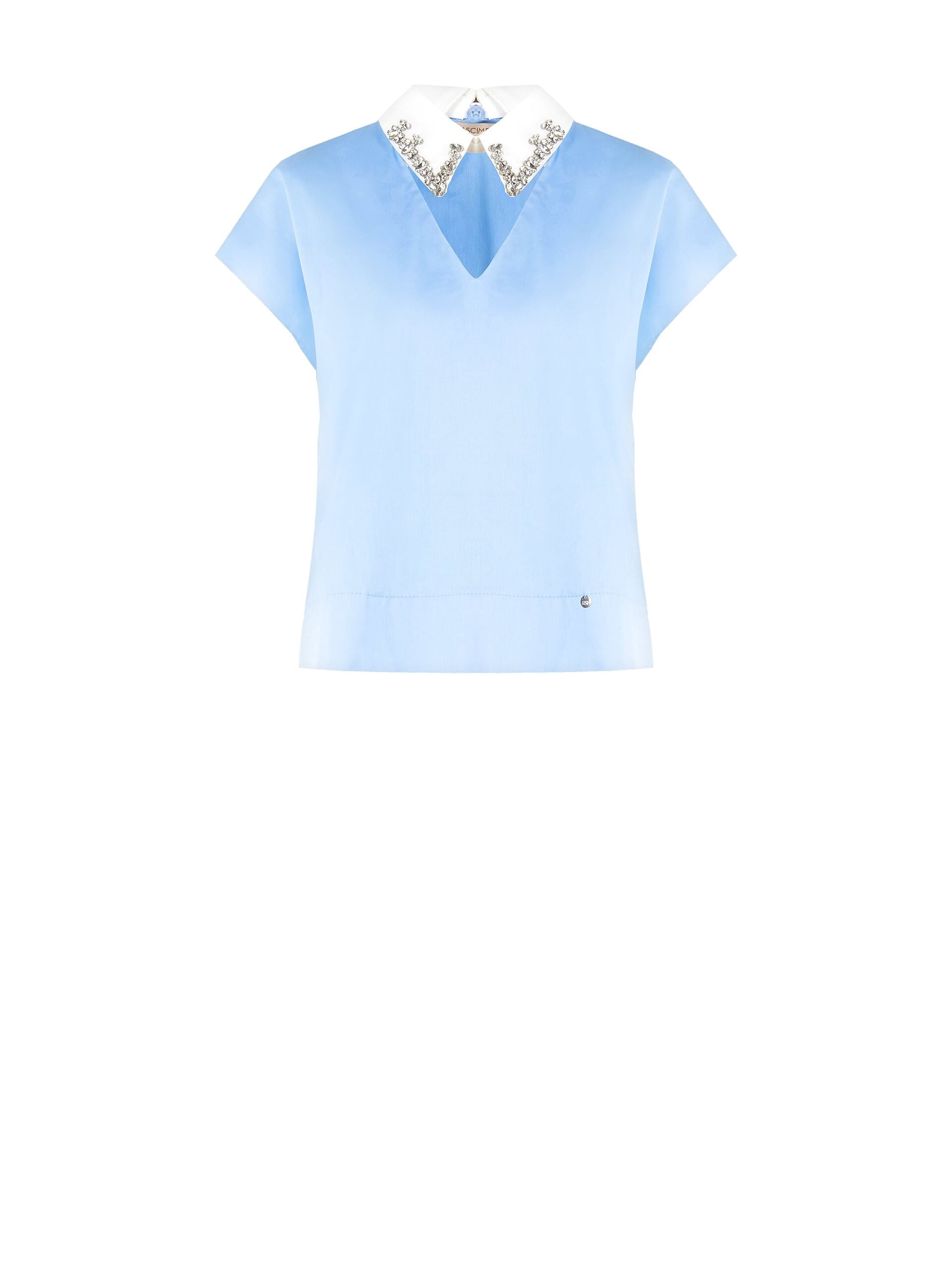 Camicia Over Corta In Cotone Con Scollo A V E Cristalli Cabochon Sul Colletto Rimovibile Rinascimento