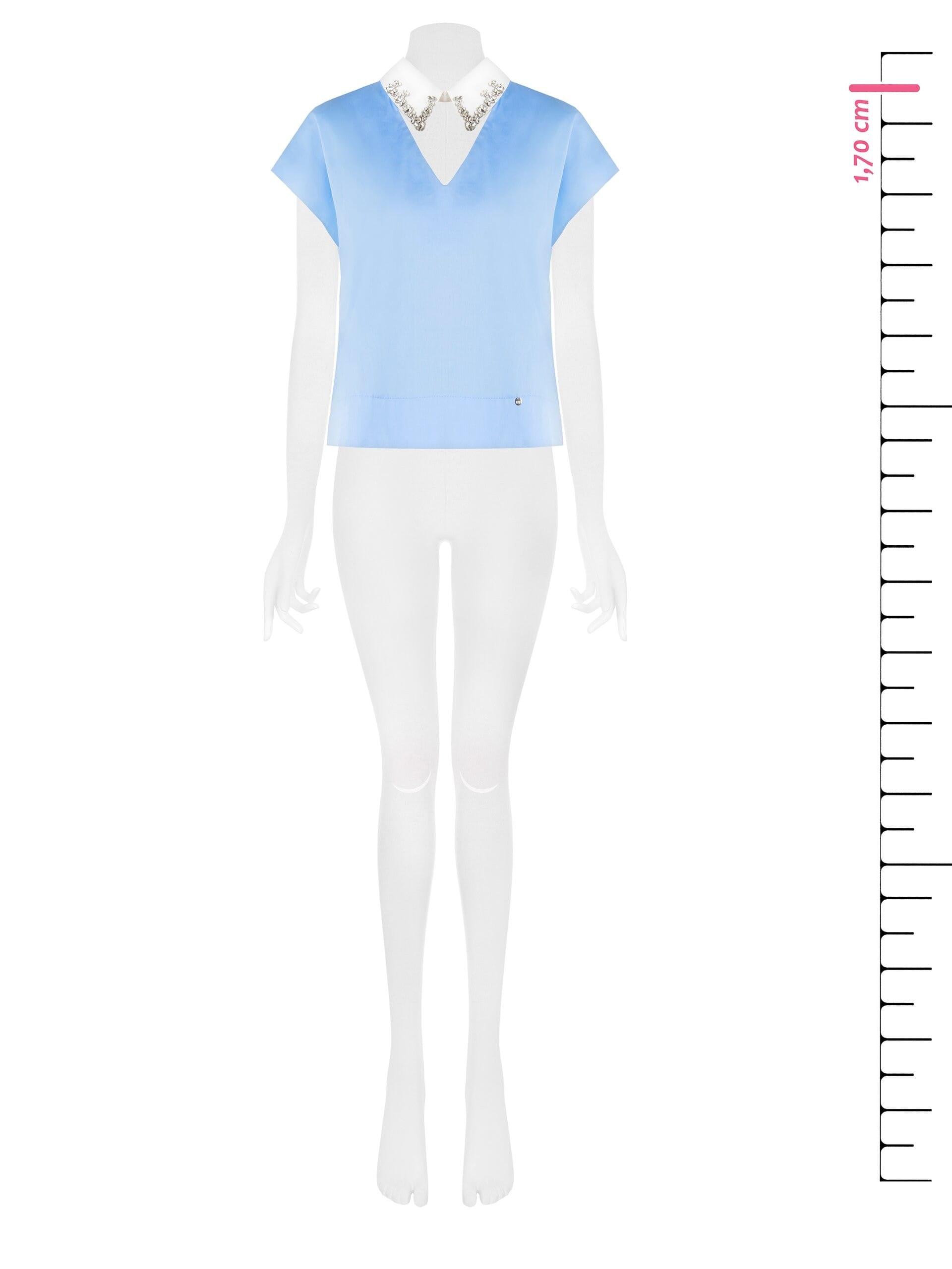 Camicia Over Corta In Cotone Con Scollo A V E Cristalli Cabochon Sul Colletto Rimovibile Rinascimento