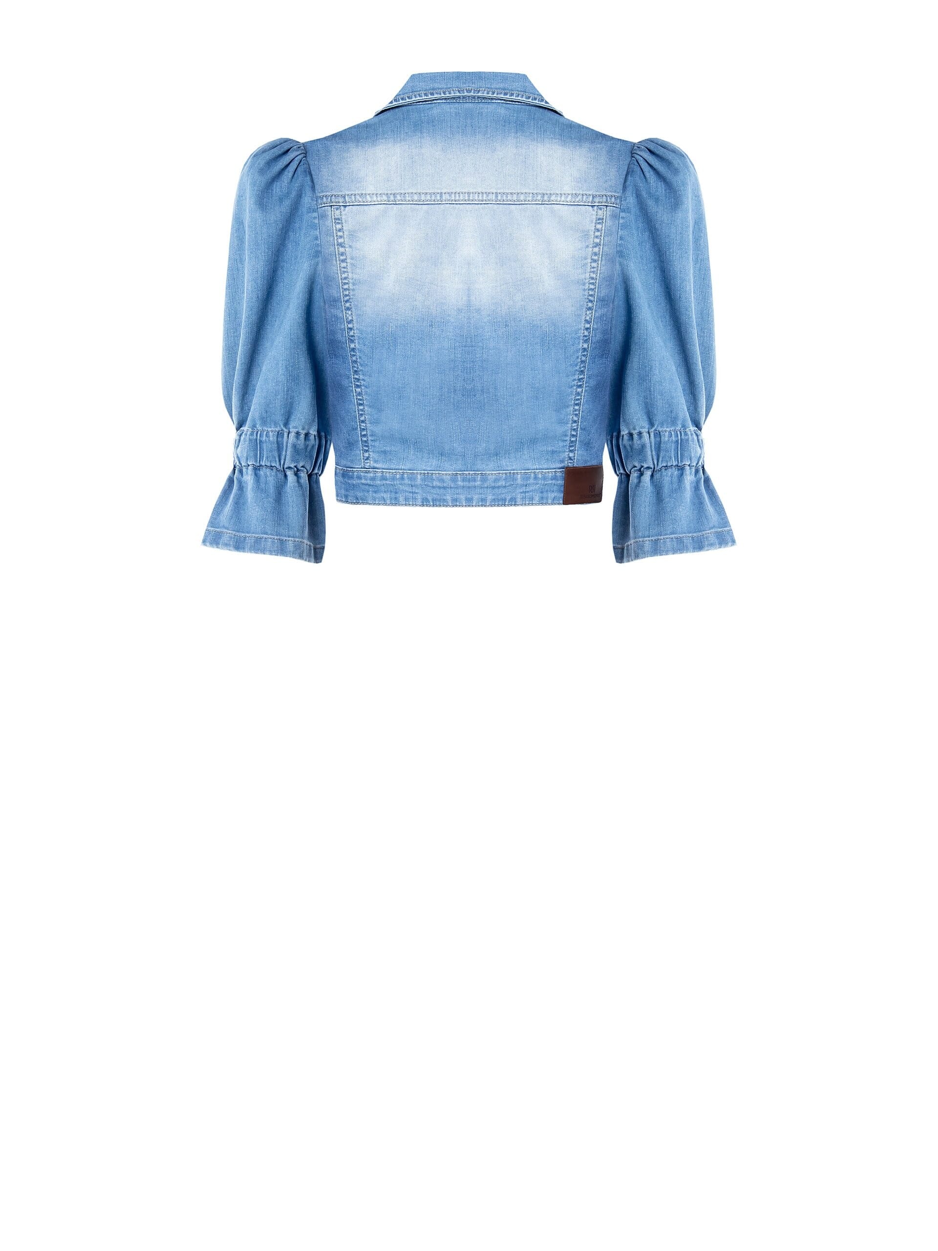 Giacca Corta In Denim Slavato Con Maniche A 3/4 Arricciate Rinascimento