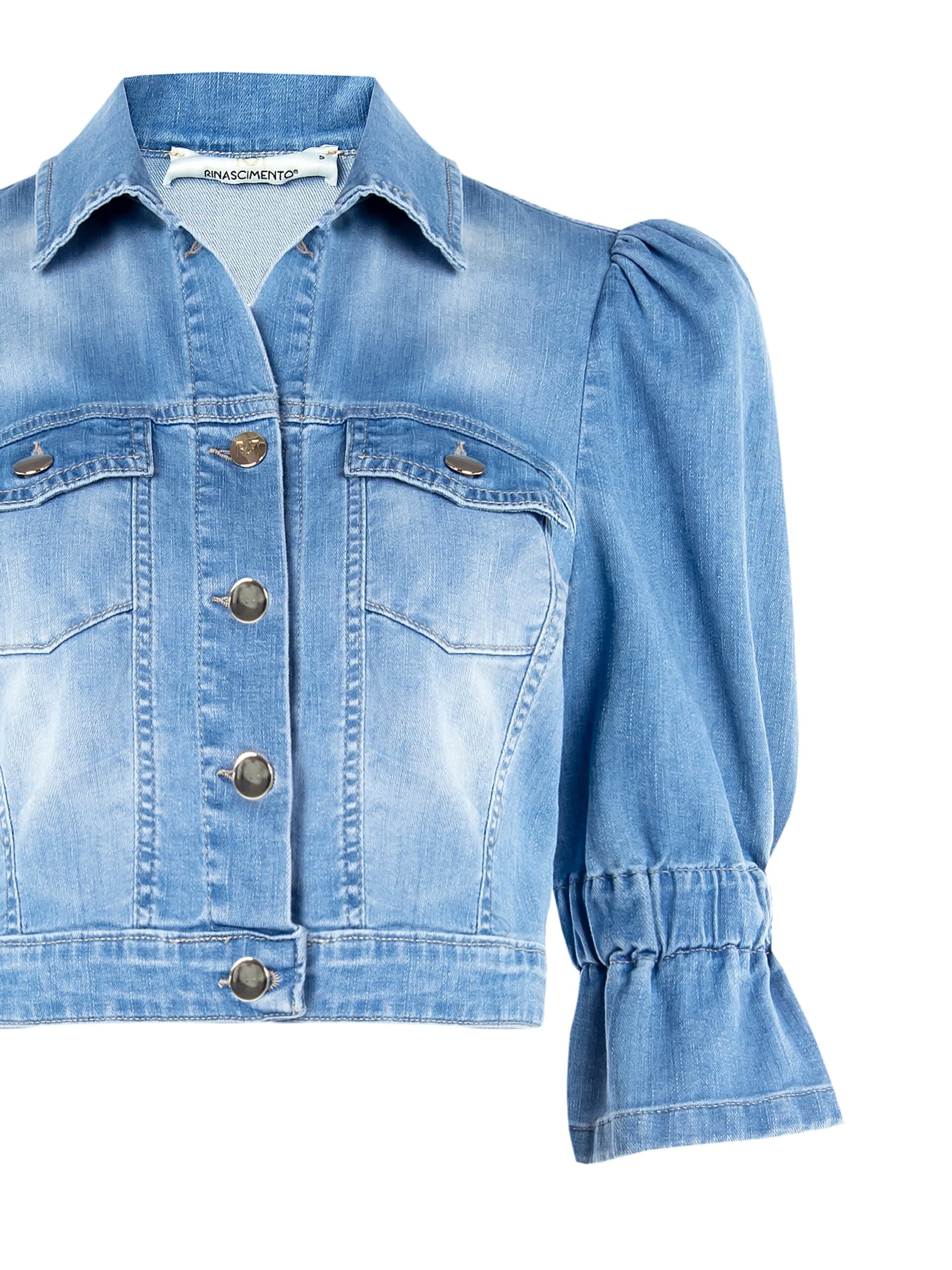 Giacca Corta In Denim Slavato Con Maniche A 3/4 Arricciate Rinascimento