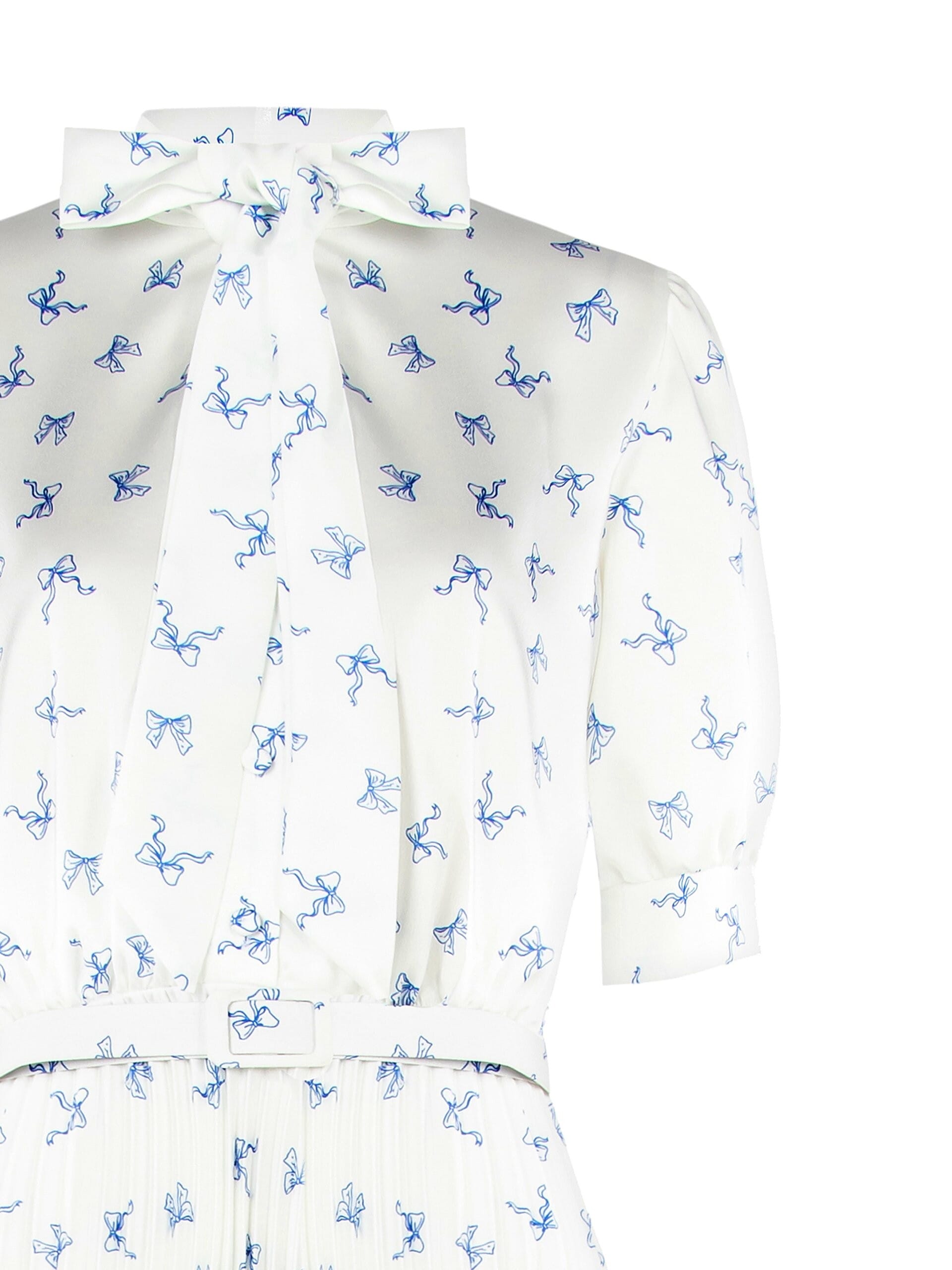 Abito Midi A Ruota In Raso Plissé Motivo Fiocchi Con Cintura Rigida Coordinata Rinascimento