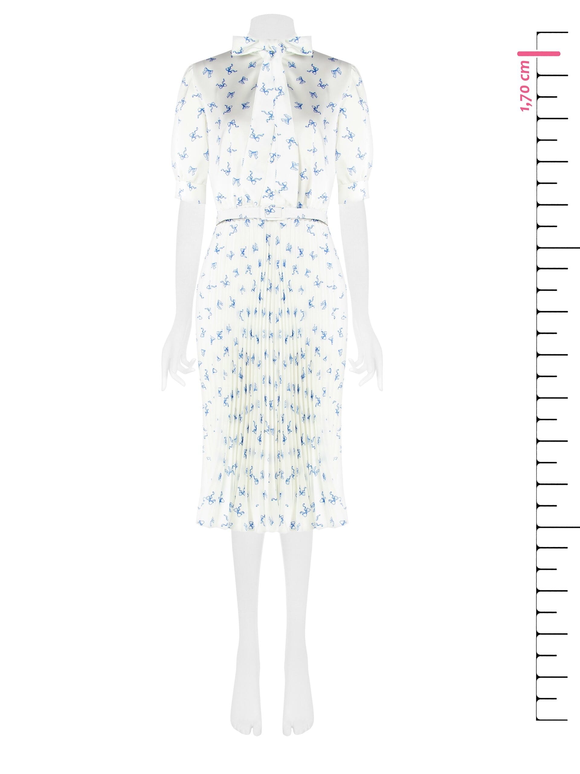 Abito Midi A Ruota In Raso Plissé Motivo Fiocchi Con Cintura Rigida Coordinata Rinascimento