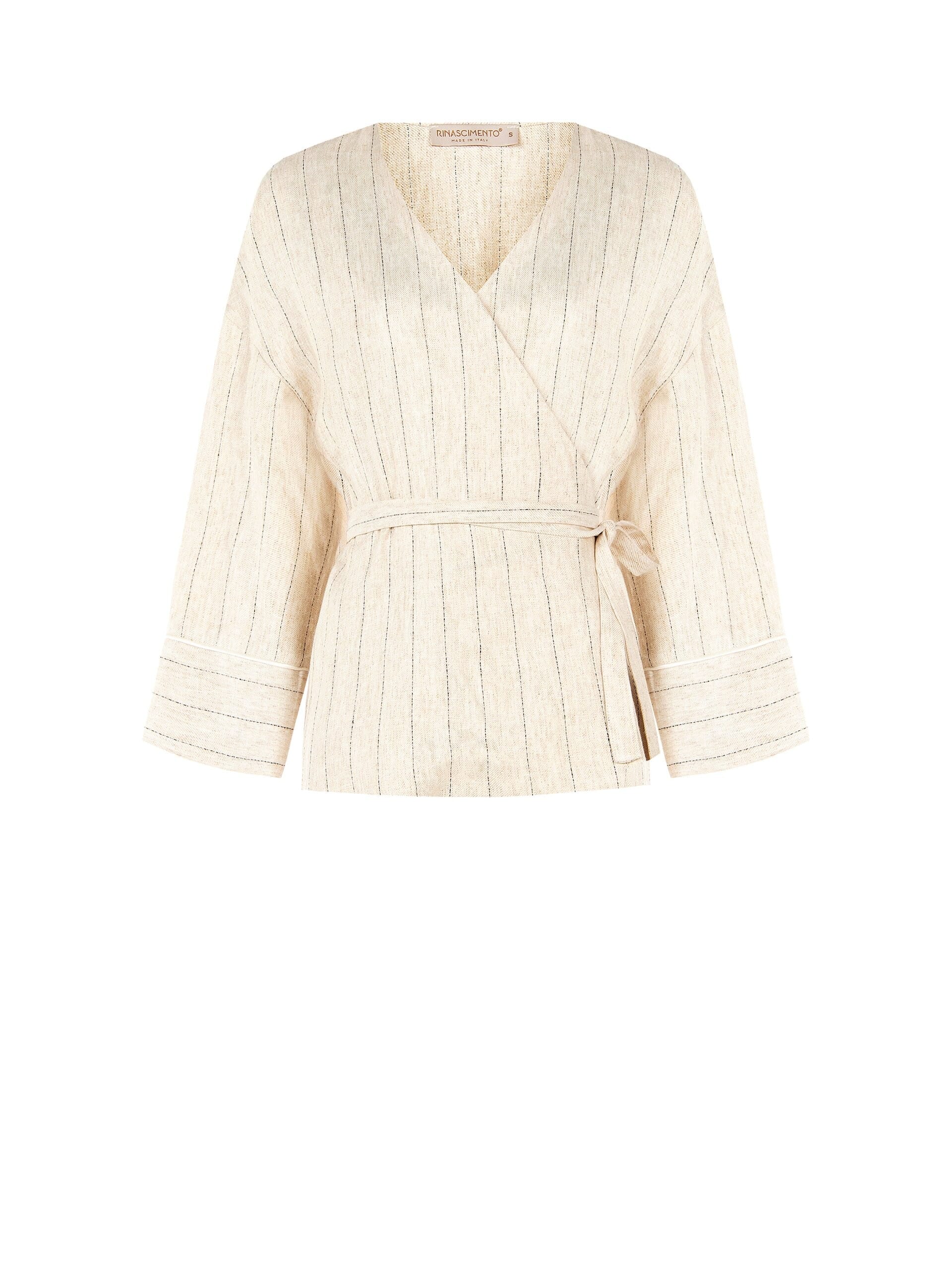 Giacca Kimono In Misto Lino E Viscosa Effetto Gessato Con Cintura Coordinata Rinascimento