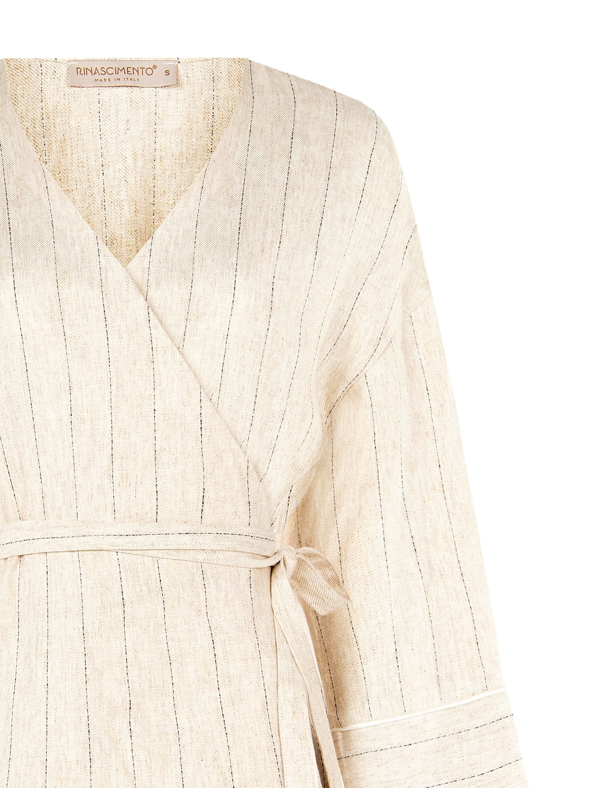 Giacca Kimono In Misto Lino E Viscosa Effetto Gessato Con Cintura Coordinata Rinascimento