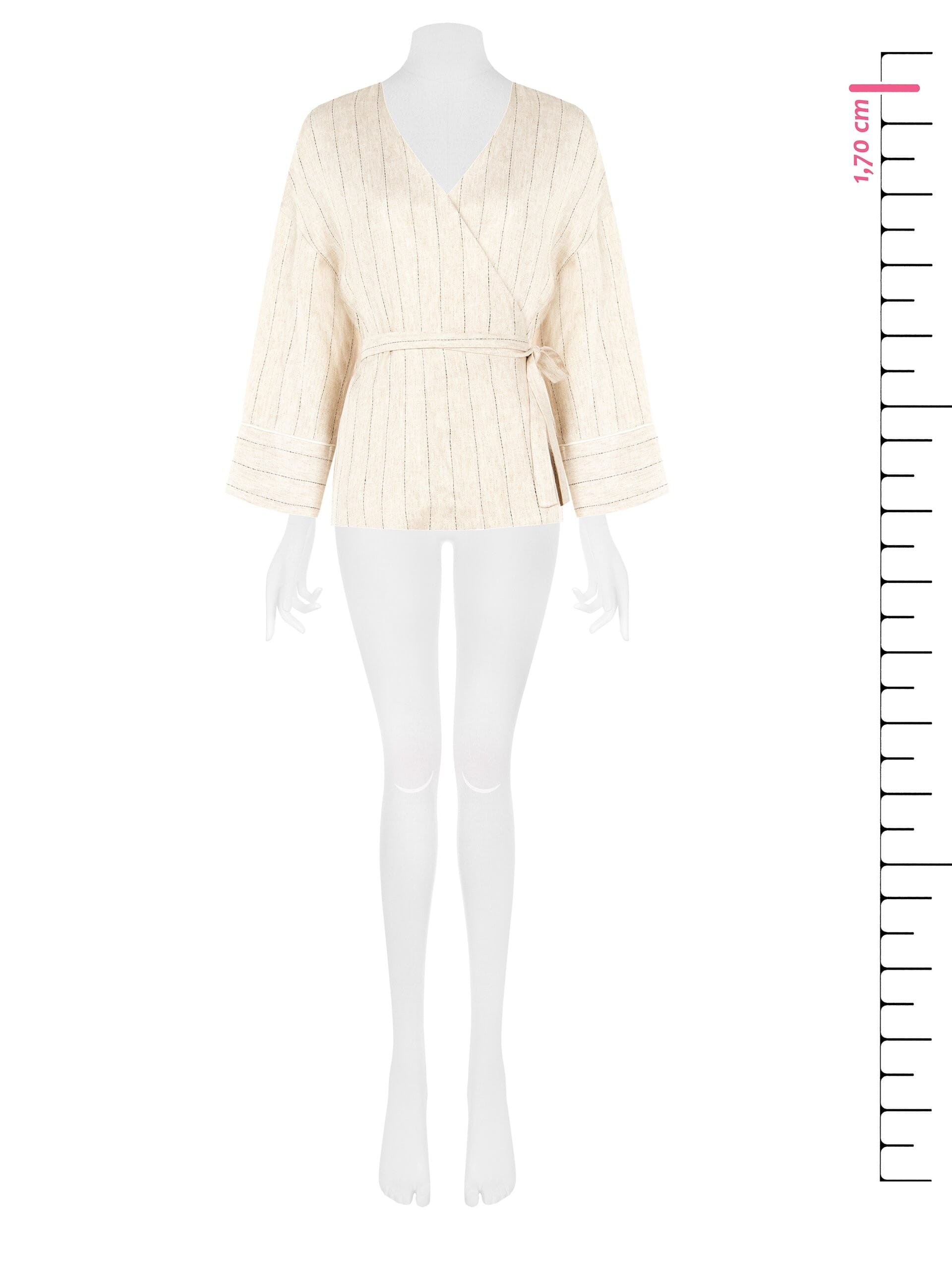 Giacca Kimono In Misto Lino E Viscosa Effetto Gessato Con Cintura Coordinata Rinascimento