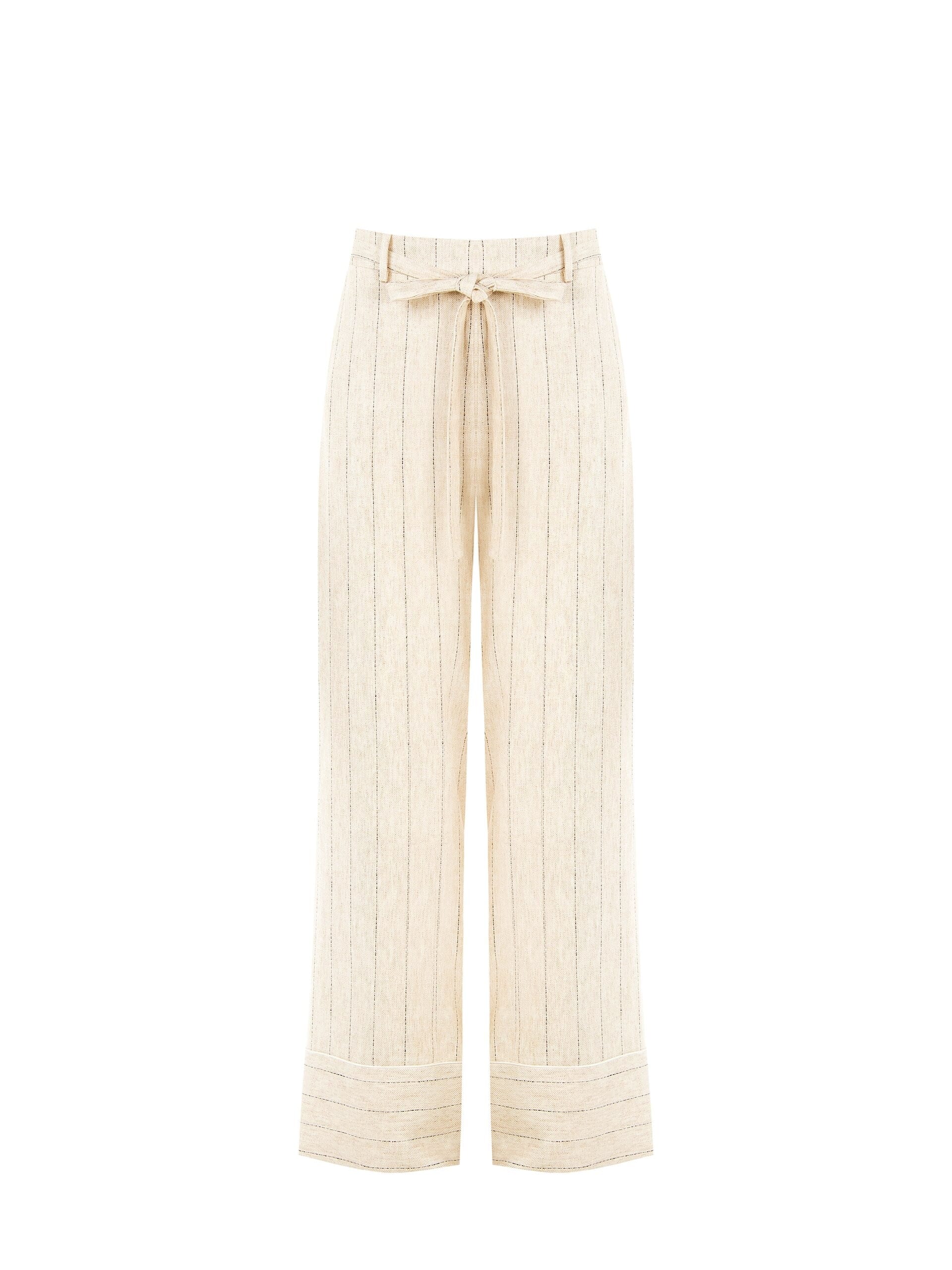 Pantaloni Palazzo In Misto Lino E Viscosa Effetto Gessato Con Cintura Coordinata Rinascimento