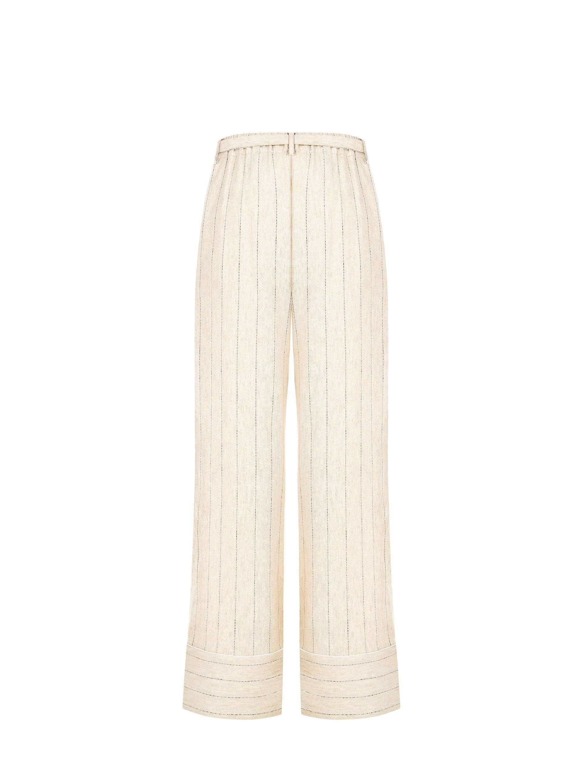 Pantaloni Palazzo In Misto Lino E Viscosa Effetto Gessato Con Cintura Coordinata Rinascimento