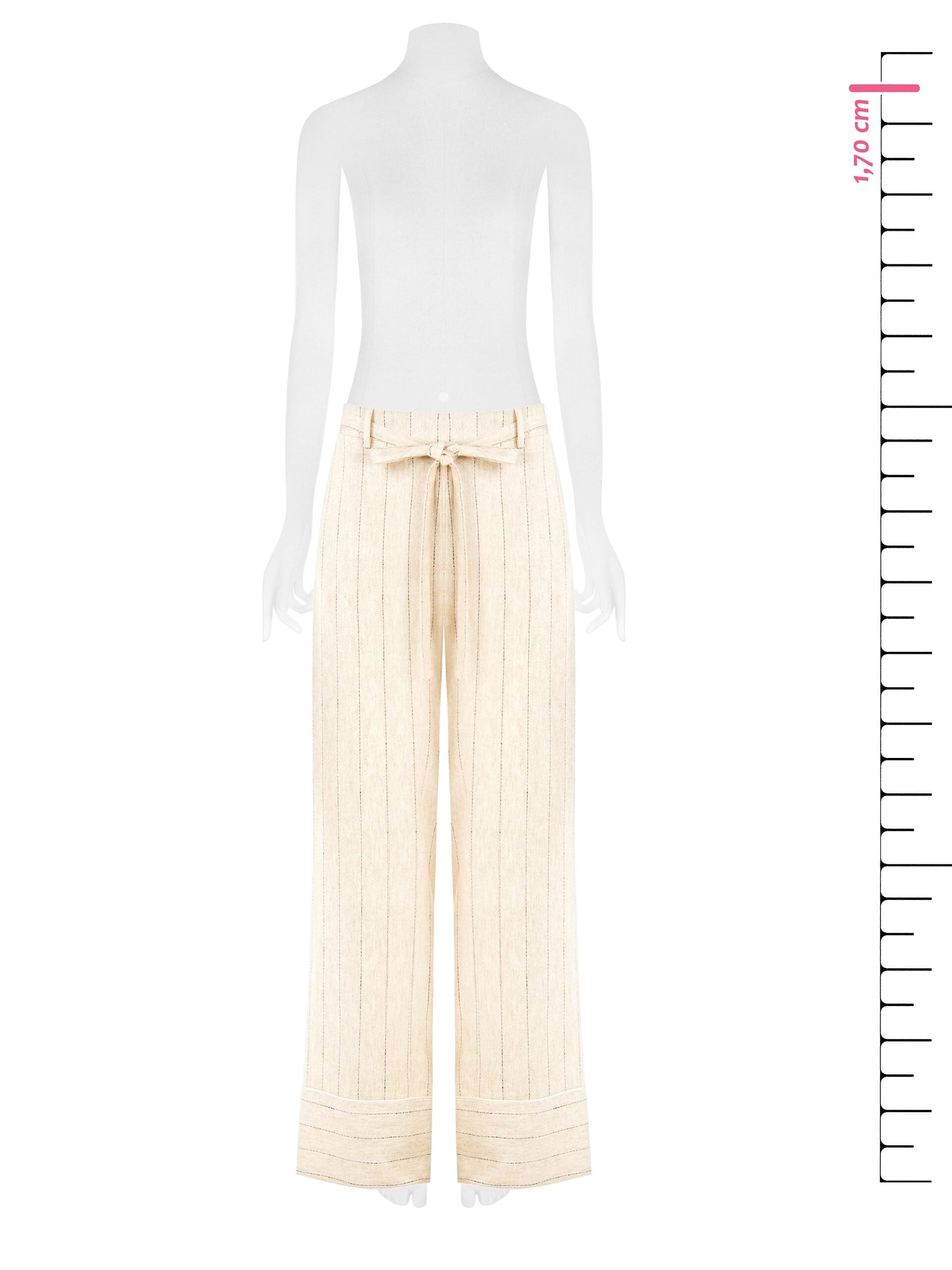 Pantaloni Palazzo In Misto Lino E Viscosa Effetto Gessato Con Cintura Coordinata Rinascimento