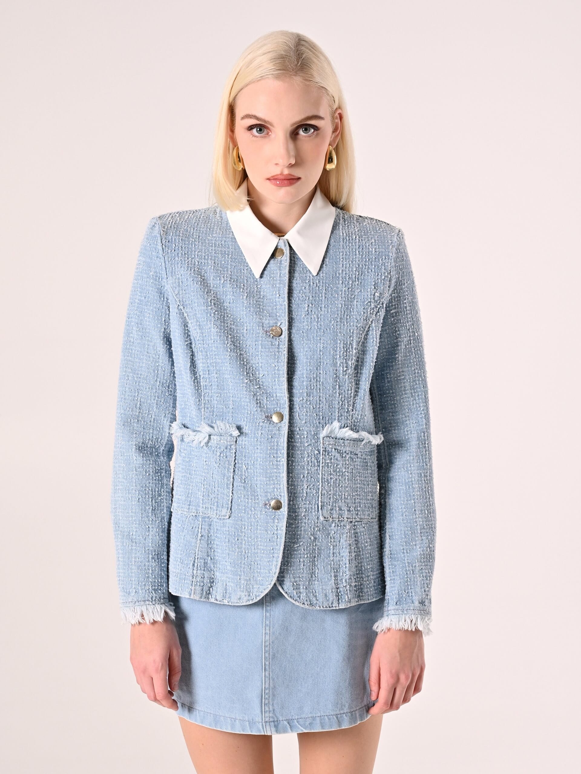 Giacca Dritta In Denim Sfrangiato Effetto Tweed Con Spalline Rinascimento