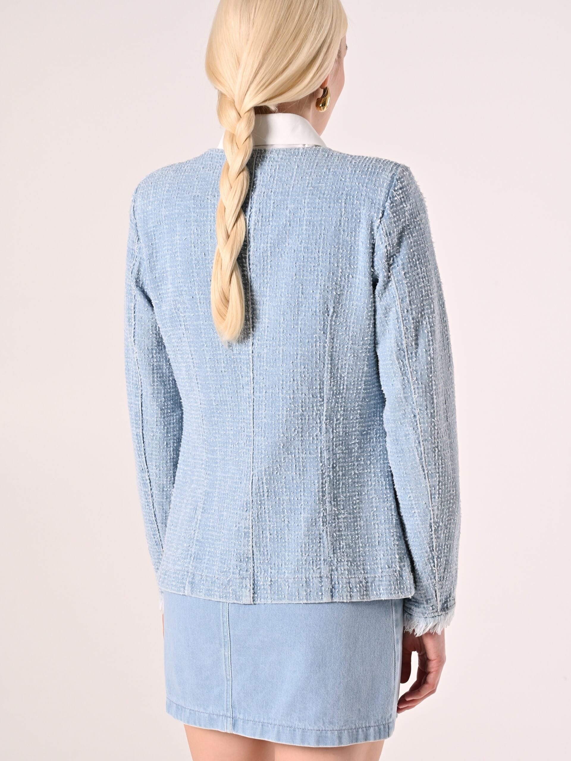 Giacca Dritta In Denim Sfrangiato Effetto Tweed Con Spalline Rinascimento