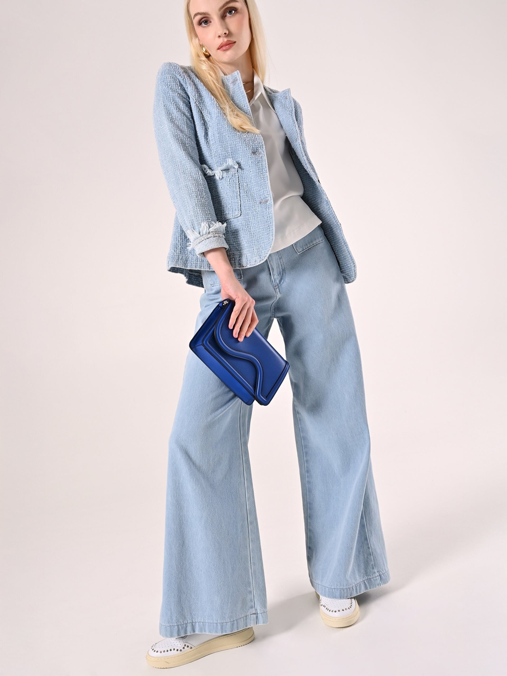 Pantaloni Palazzo In Denim Con Dettagli Sfrangiati Effetto Tweed Rinascimento