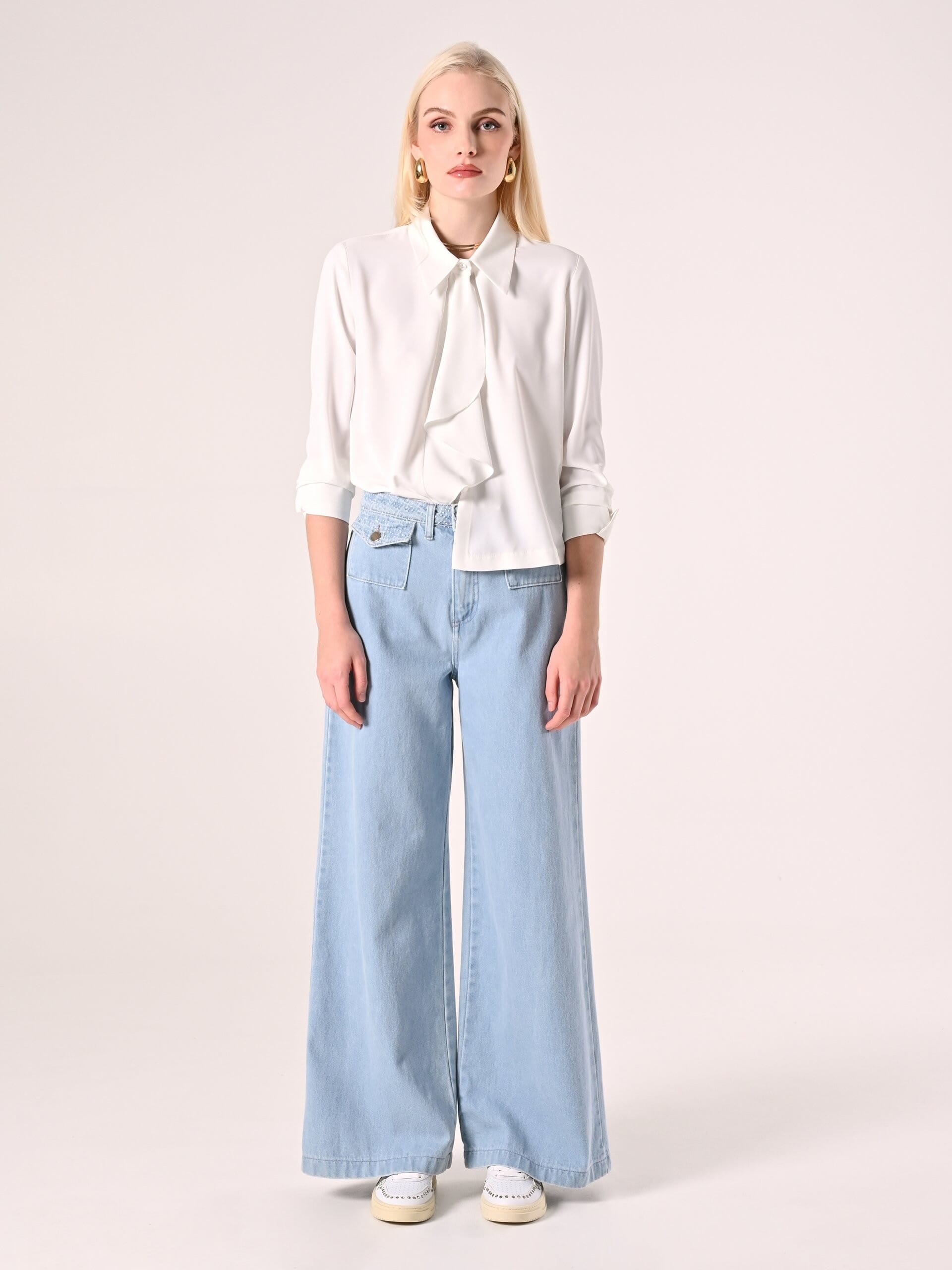 Pantaloni Palazzo In Denim Con Dettagli Sfrangiati Effetto Tweed Rinascimento