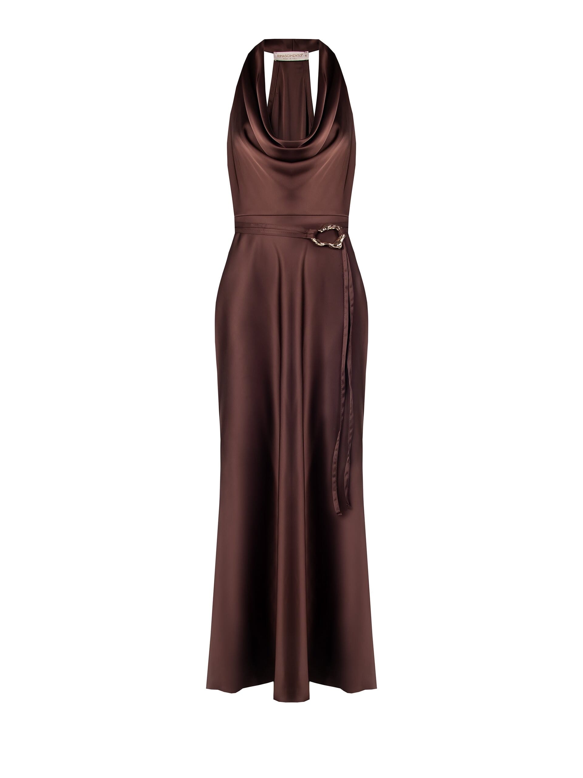 Robe longue en satin avec ceinture coordonnée et encolure en anneau Rinascimento