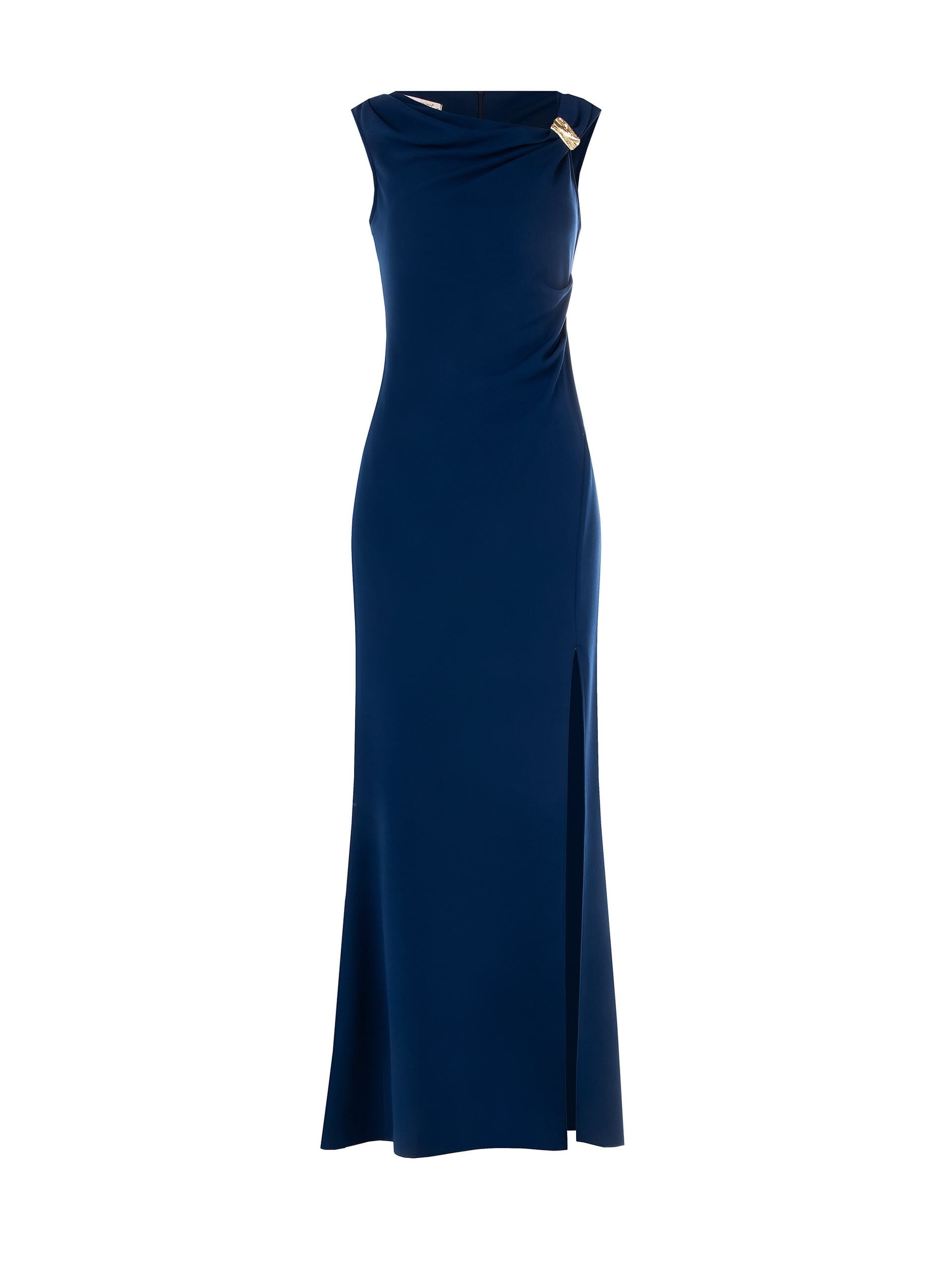 Abito Lungo Svasato In Scuba Crepe Con Spacco E Dettaglio Foglie Oro Rinascimento