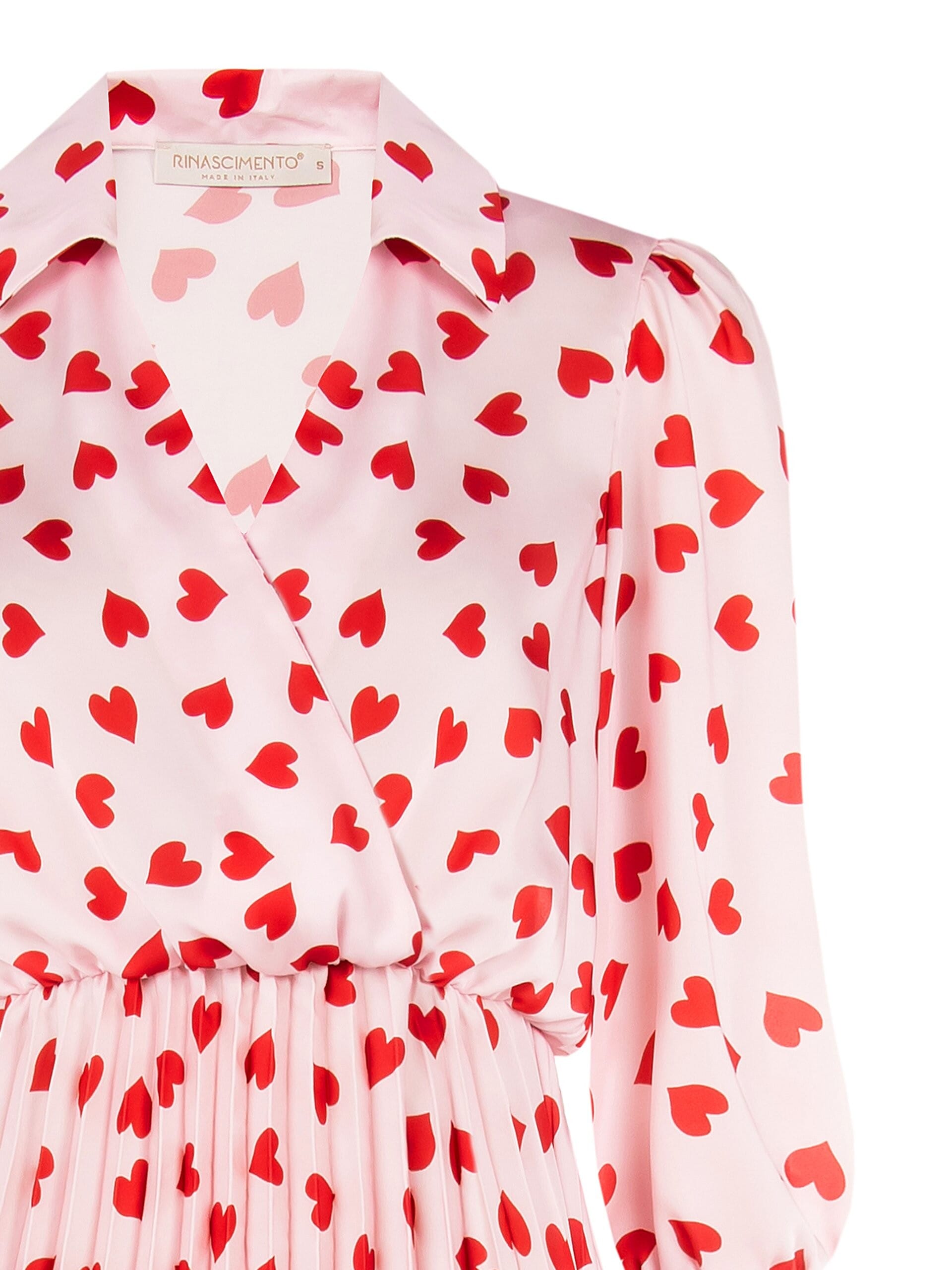 Abito Corto Chemisier In Raso Plissé A Cuori Con Scollo Incrociato Rinascimento