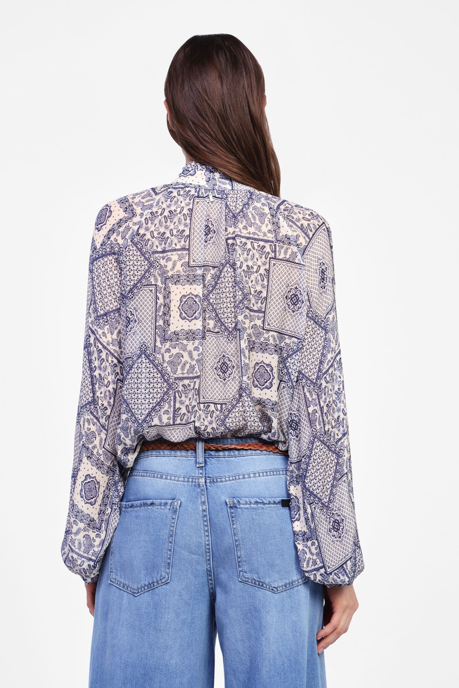 Decorative Print Blouse Long Sleeves And Dixie Lanyard