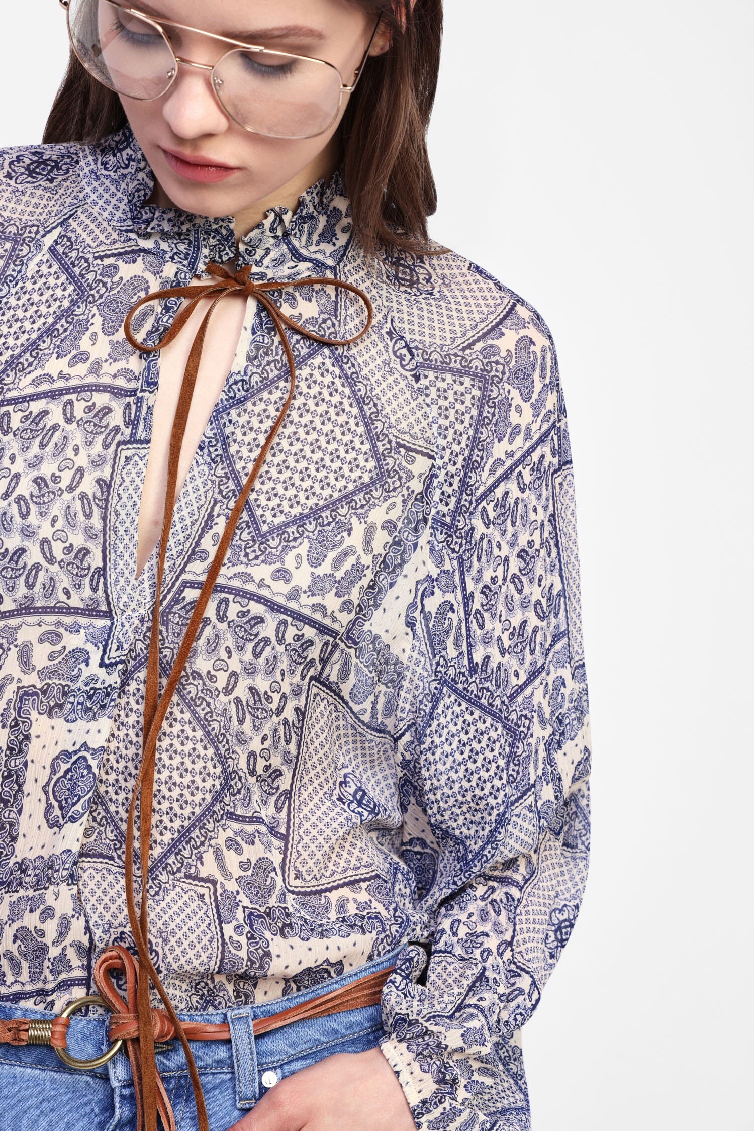 Decorative Print Blouse Long Sleeves And Dixie Lanyard