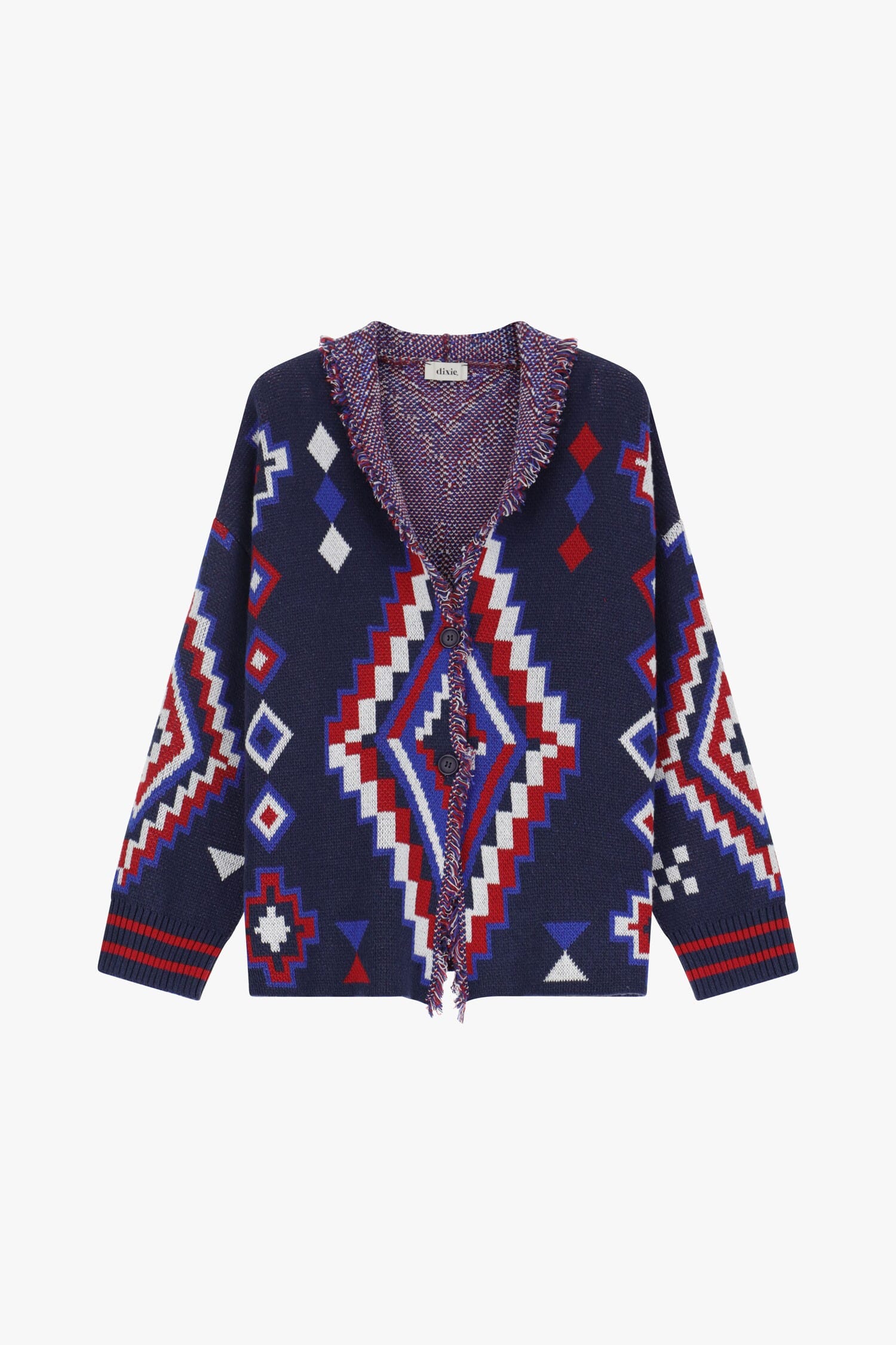 Cardigan With Geometric Patterns And Frayed Hemline Dixie
