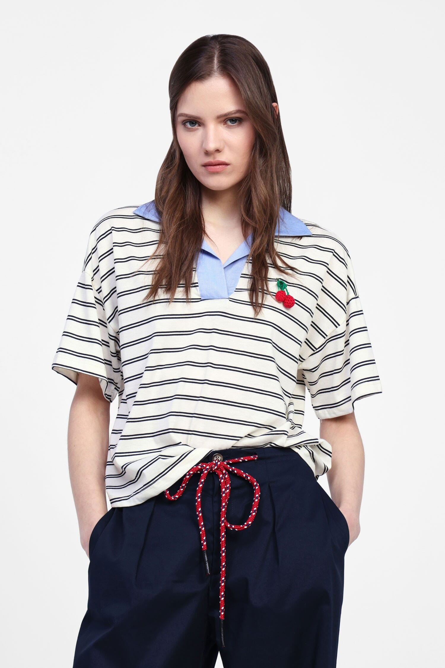 T-shirt rayé avec col et broderie Dixie