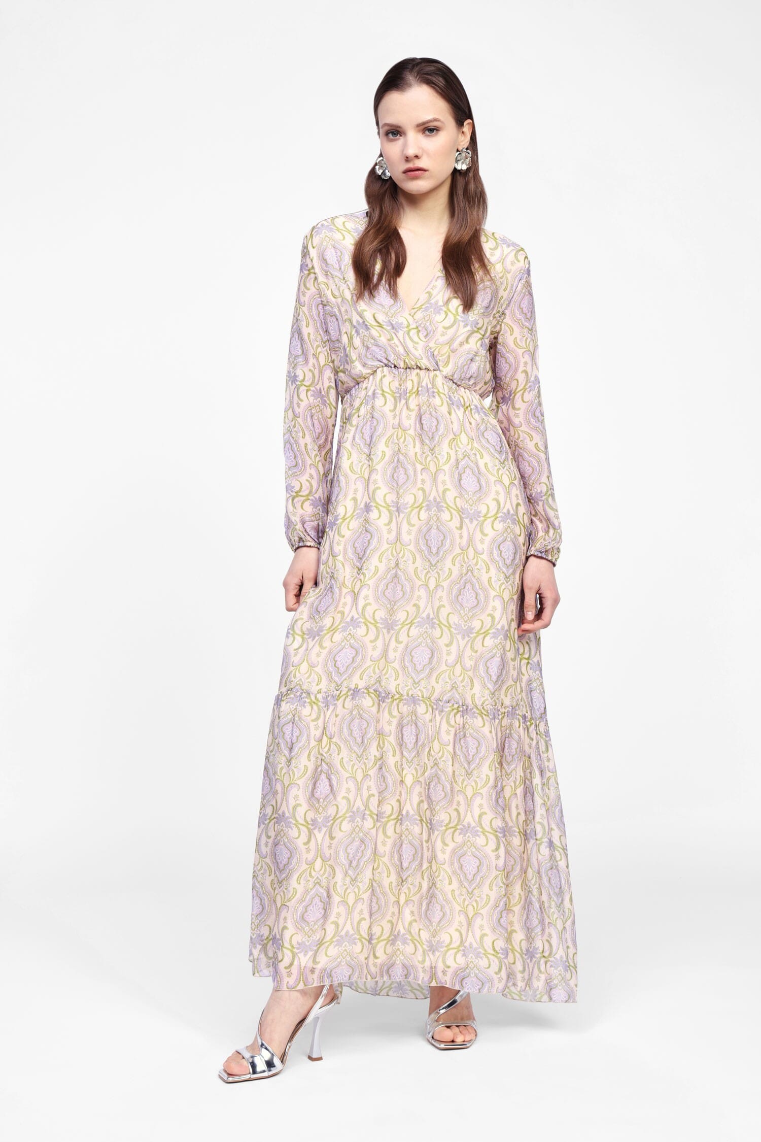 Abito Lungo A Balze Con Stampa Fantasia Dixie