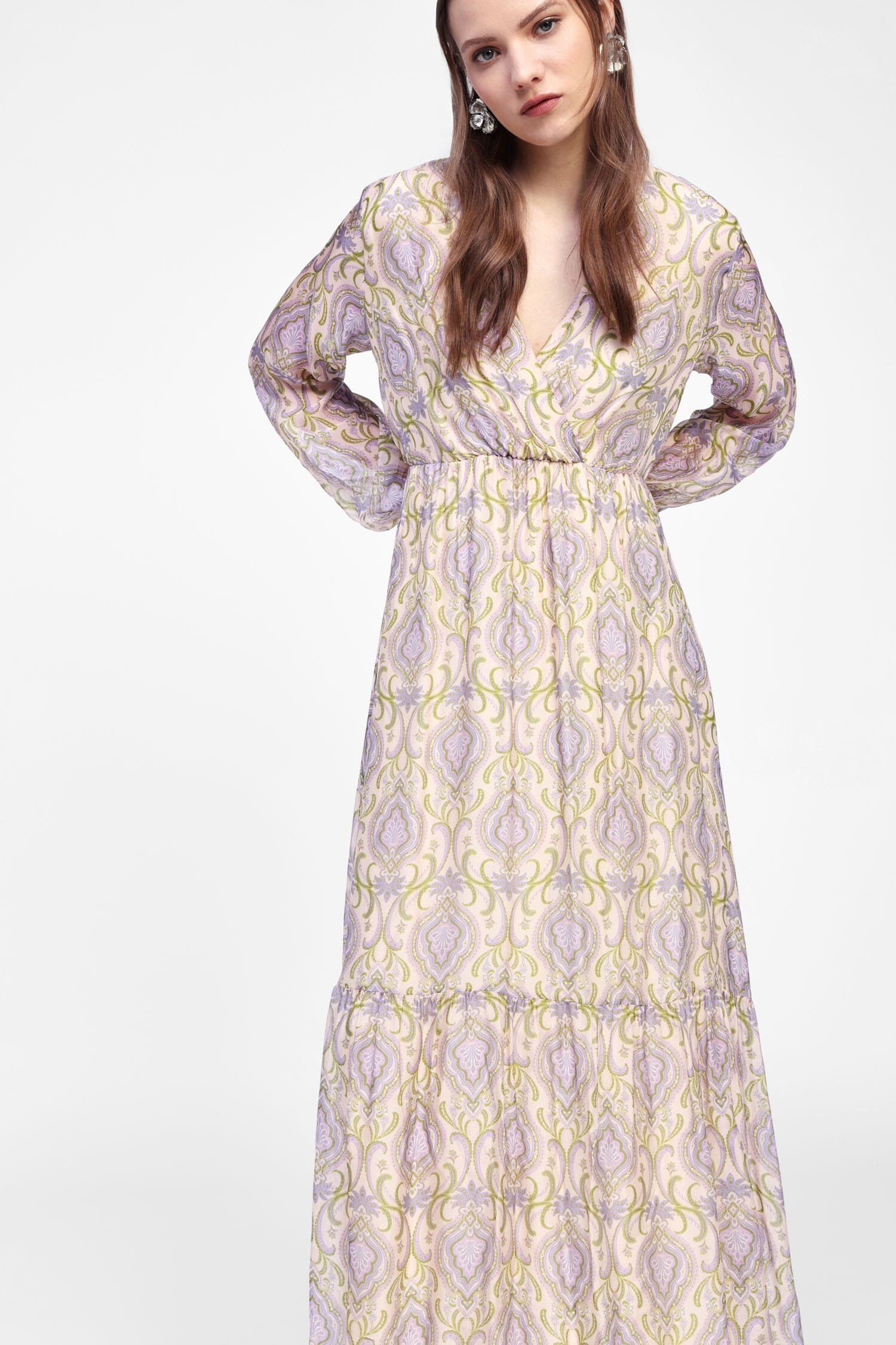 Abito Lungo A Balze Con Stampa Fantasia Dixie