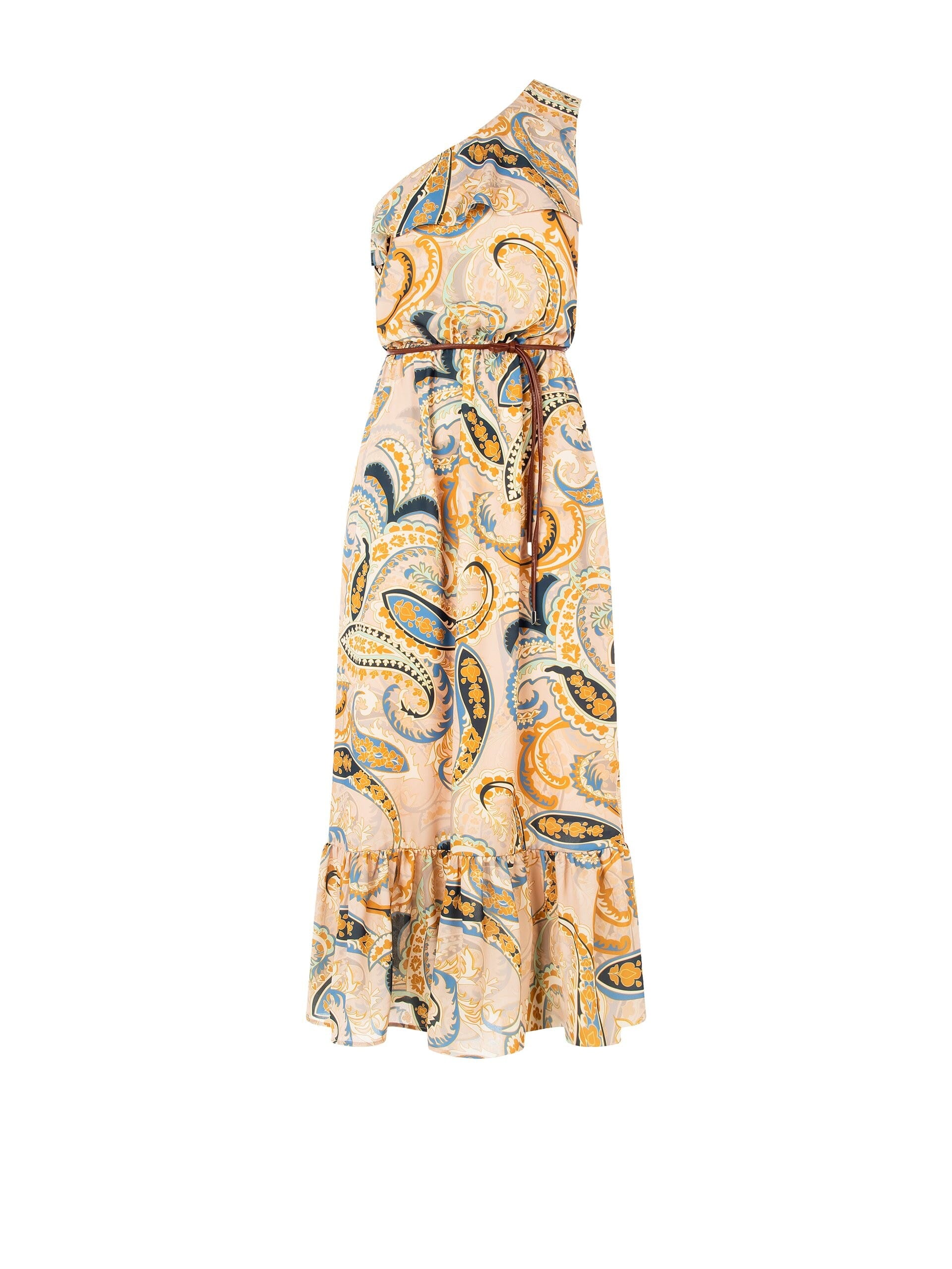 Abito Lungo Monospalla Con Cintura In Similpelle Abbinata Rinascimento