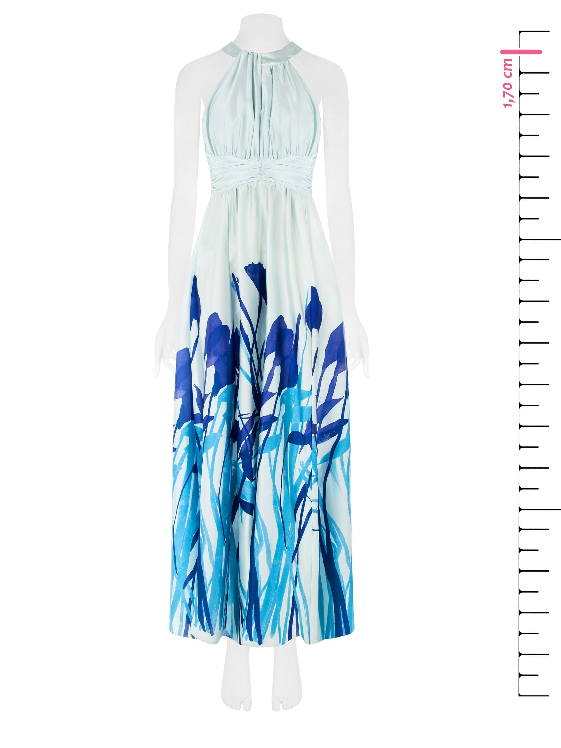 Abito Lungo A Ruota In Raso Con Stampa Fiori Rinascimento