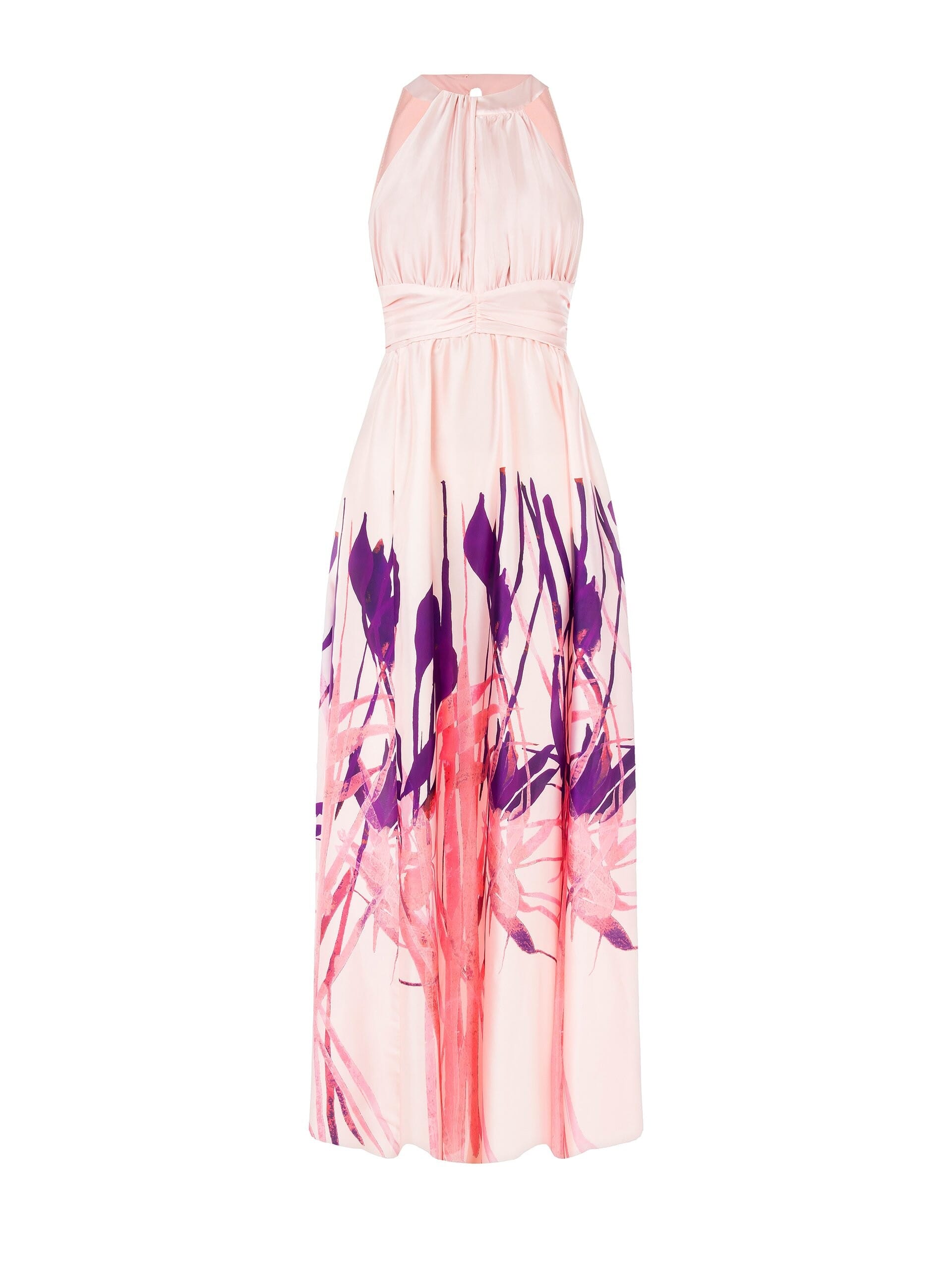 Abito Lungo A Ruota In Raso Con Stampa Fiori Rinascimento