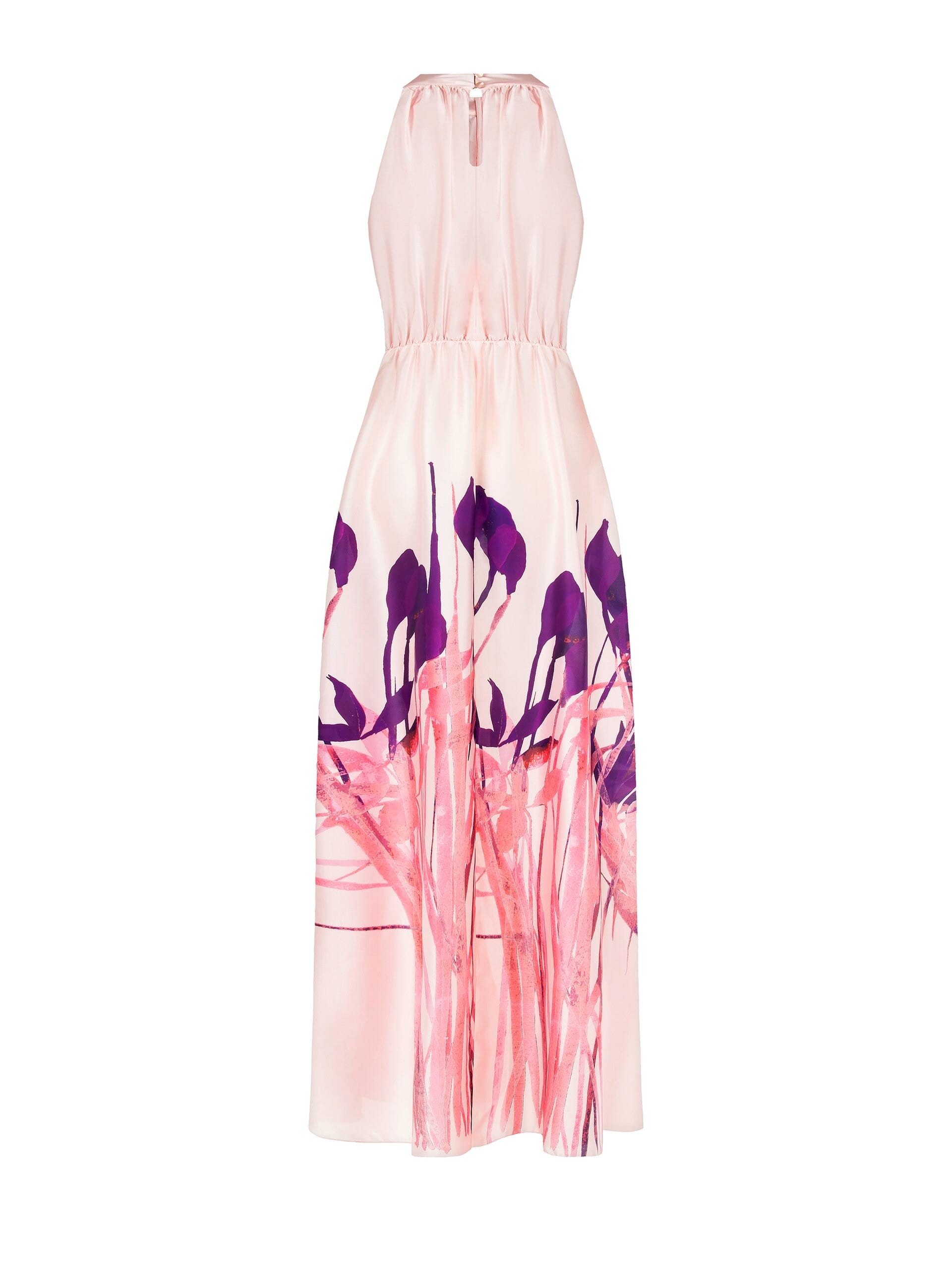 Abito Lungo A Ruota In Raso Con Stampa Fiori Rinascimento