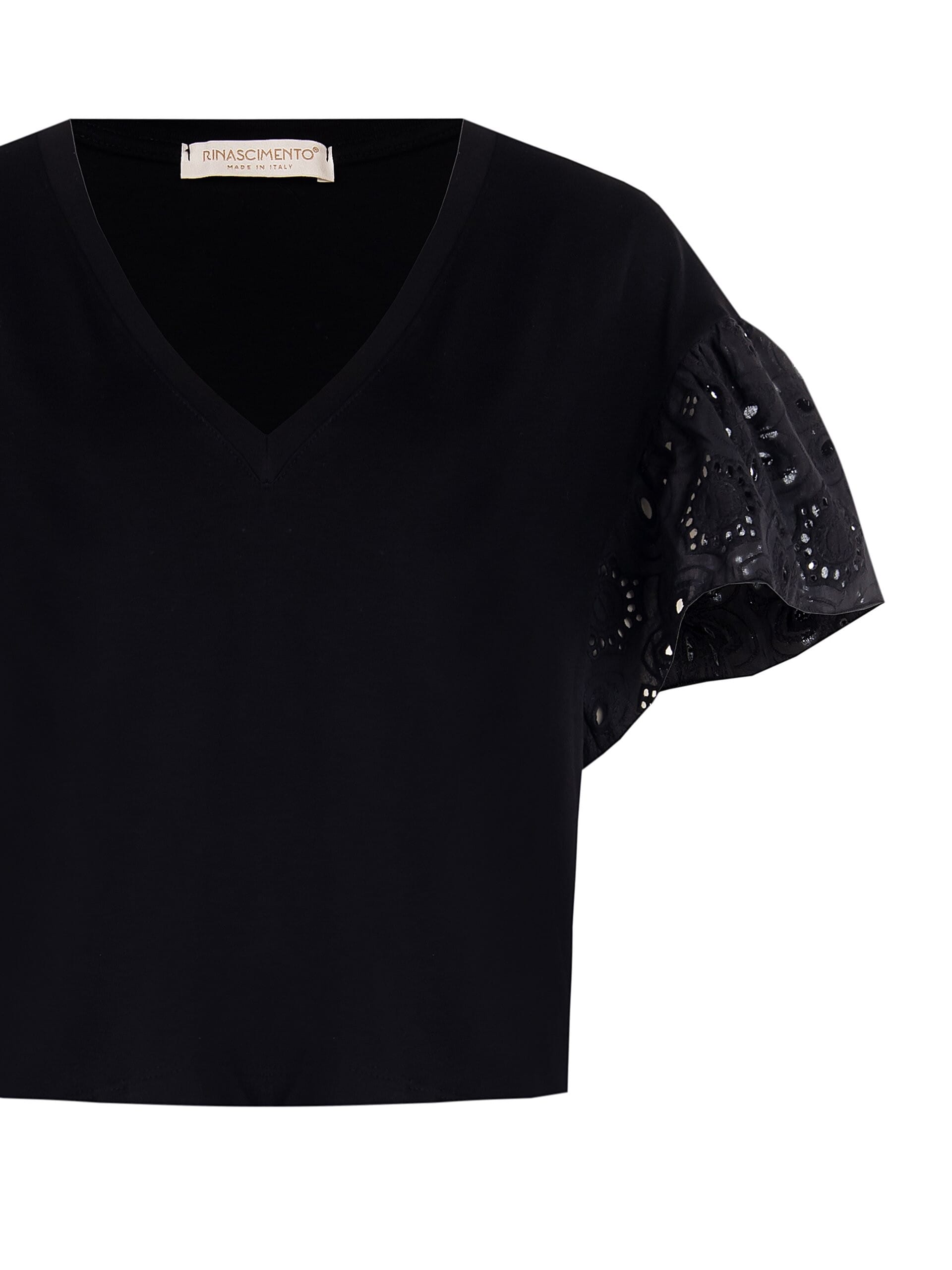 Rinascimento Wide Cotton T-Shirt with Sangallo Sleeves and V-Neckline