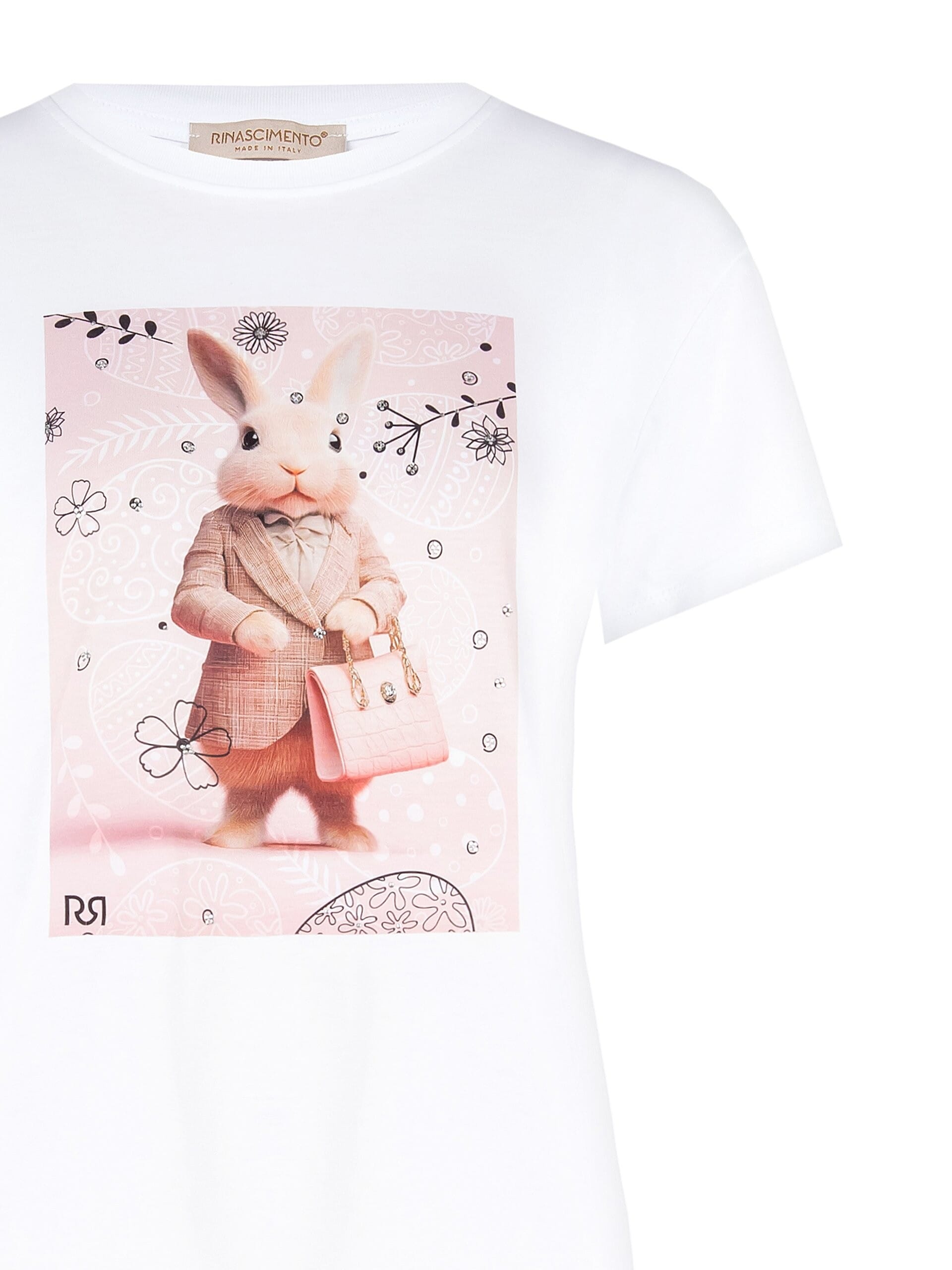 T-Shirt Regular In Cotone Con Stampa Bunny E Strass Rinascimento