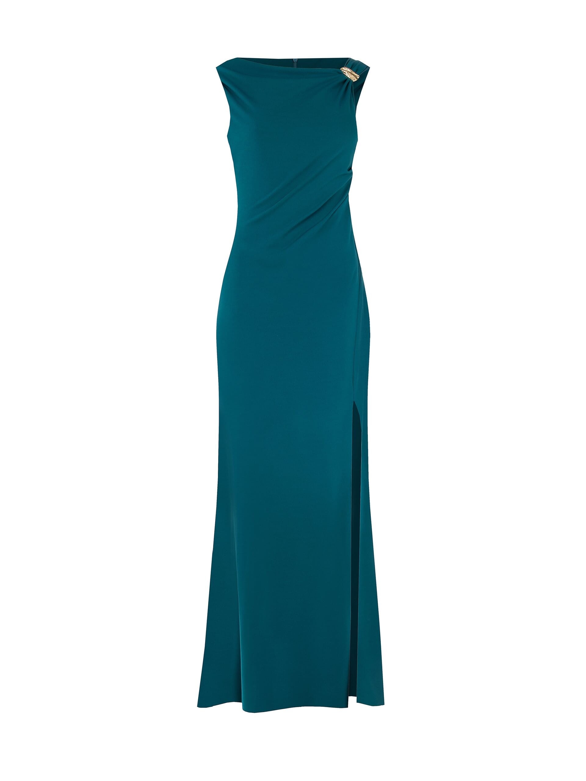 Abito Lungo Svasato In Scuba Crepe Con Spacco E Dettaglio Foglie Oro Rinascimento