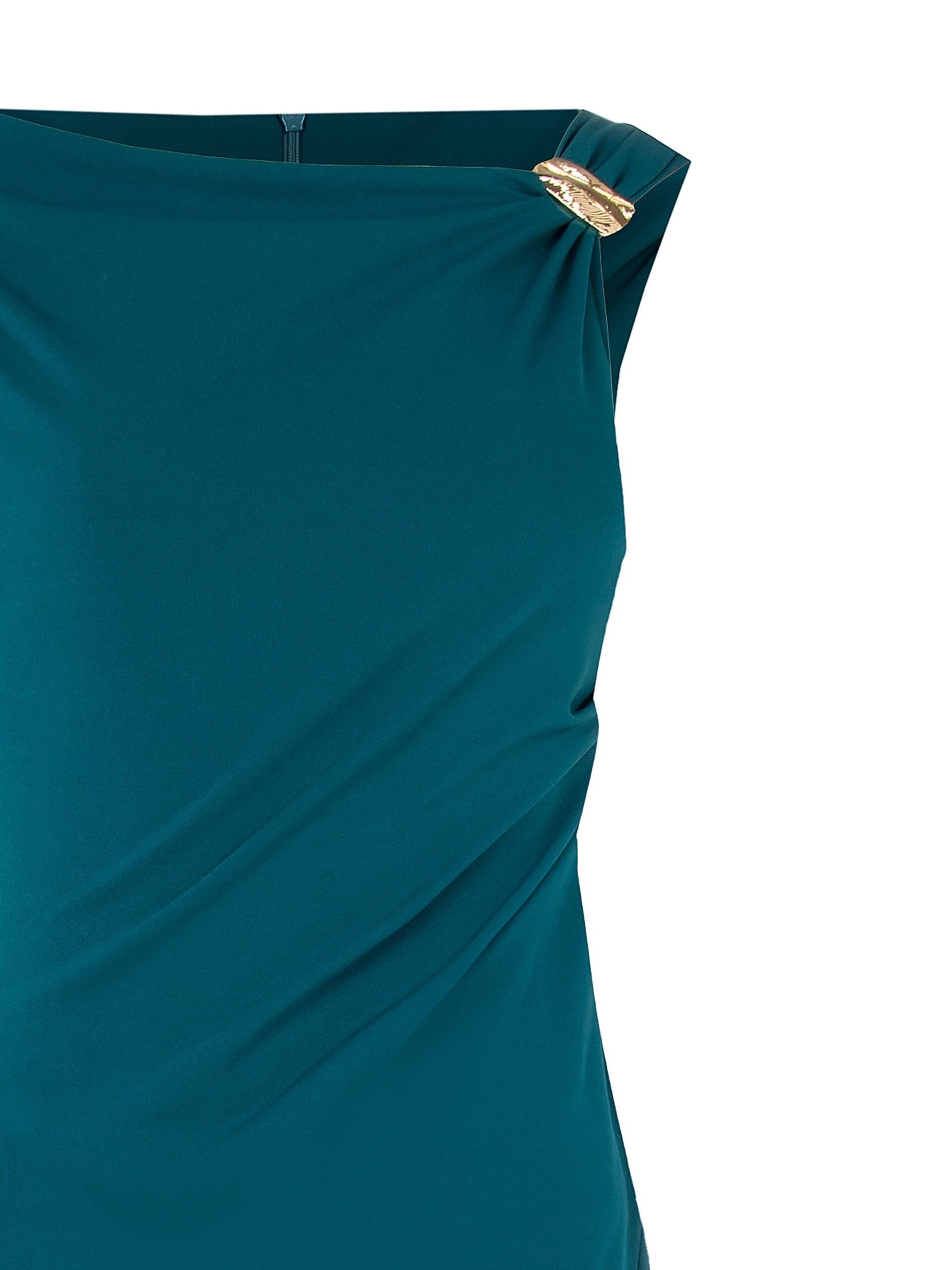 Abito Lungo Svasato In Scuba Crepe Con Spacco E Dettaglio Foglie Oro Rinascimento