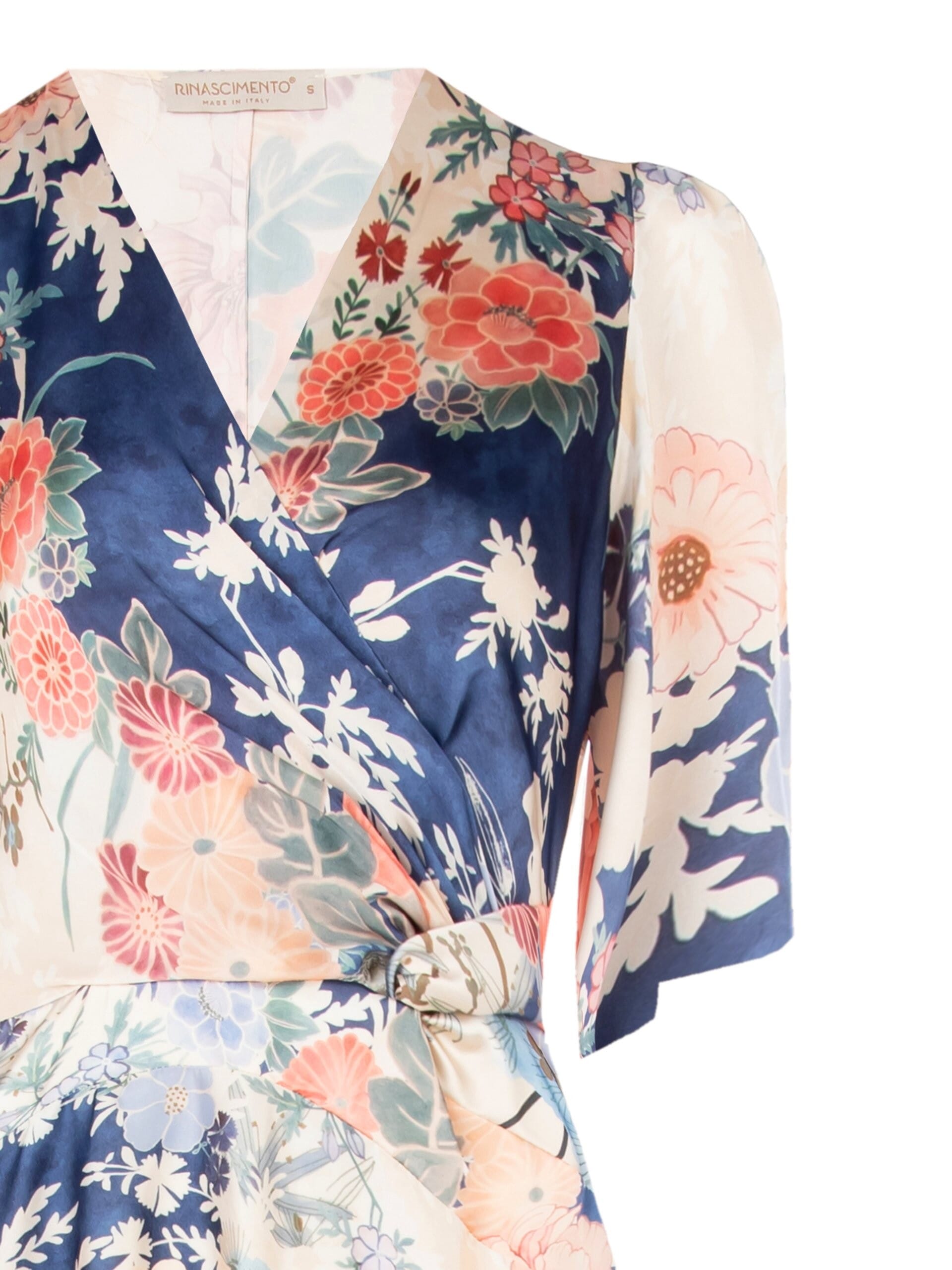 Robe midi en satin avec encolure en V croisée et nœud sur la hanche Rinascimento